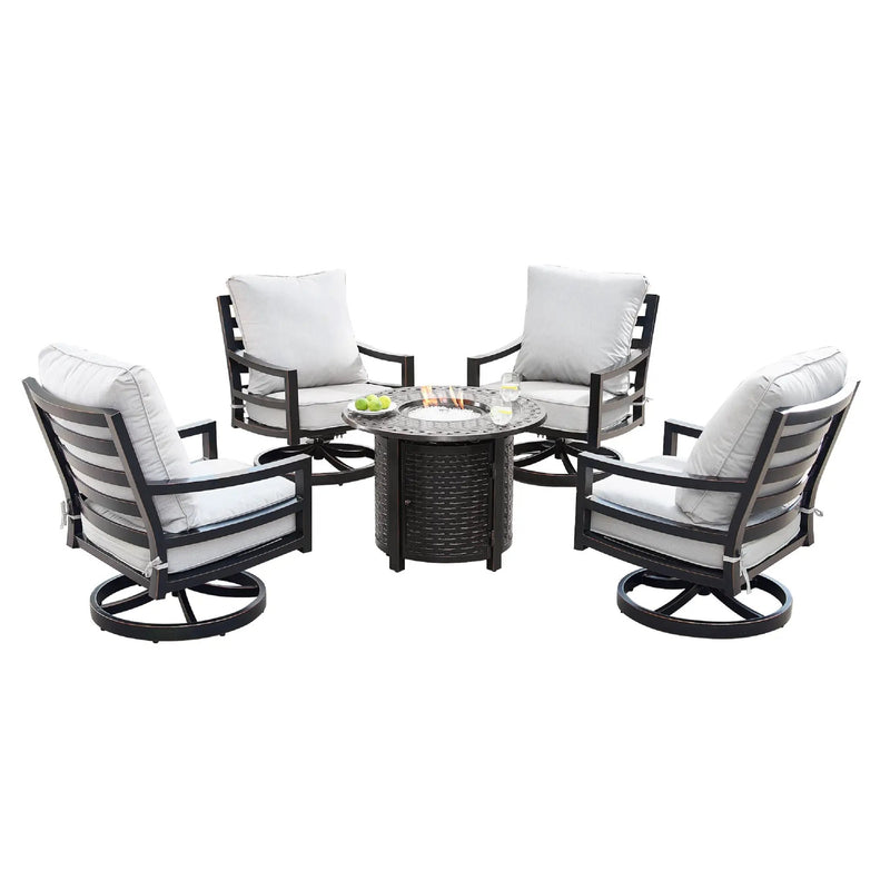 Aluminum 34-in Round Patio Fire Table Set with Swivel Rocking Chairs by Sharicks