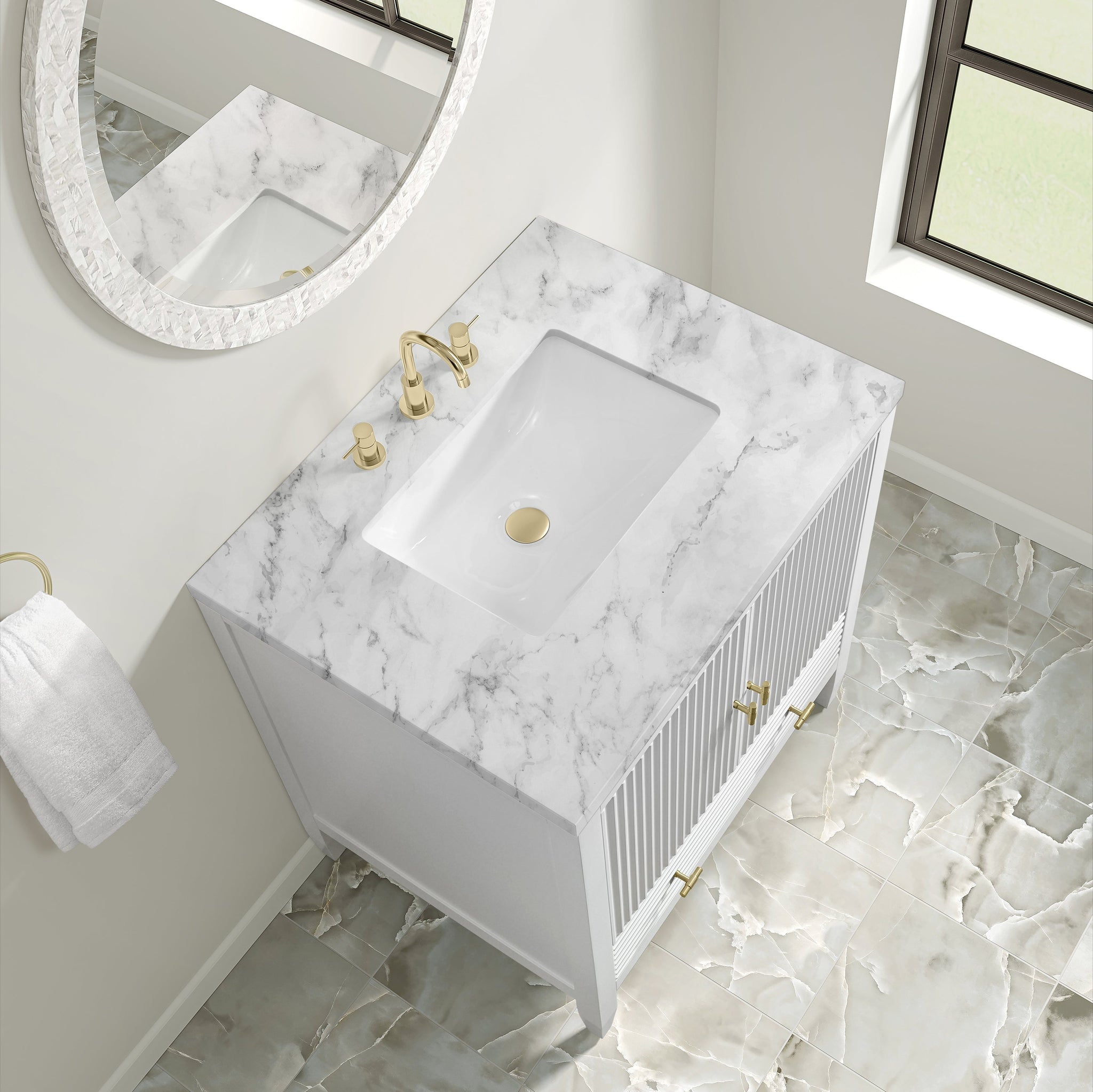 James Martin Myrrin 30" Single Bathroom Vanity, Bright White with Carrara White countertop