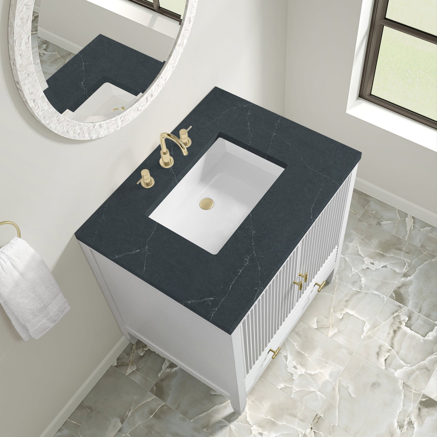 James Martin Myrrin 30" Single Bathroom Vanity, Bright White with Charcoal Soapstone countertop