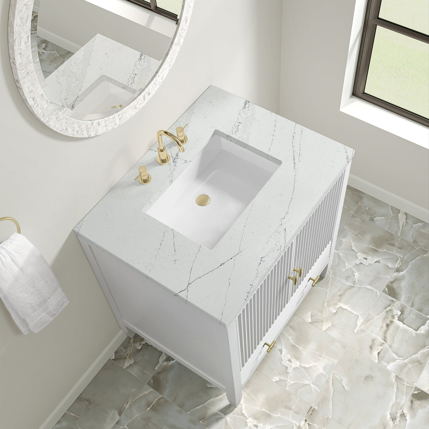 James Martin Myrrin 30" Single Bathroom Vanity, Bright White with Ethereal Noctis countertop