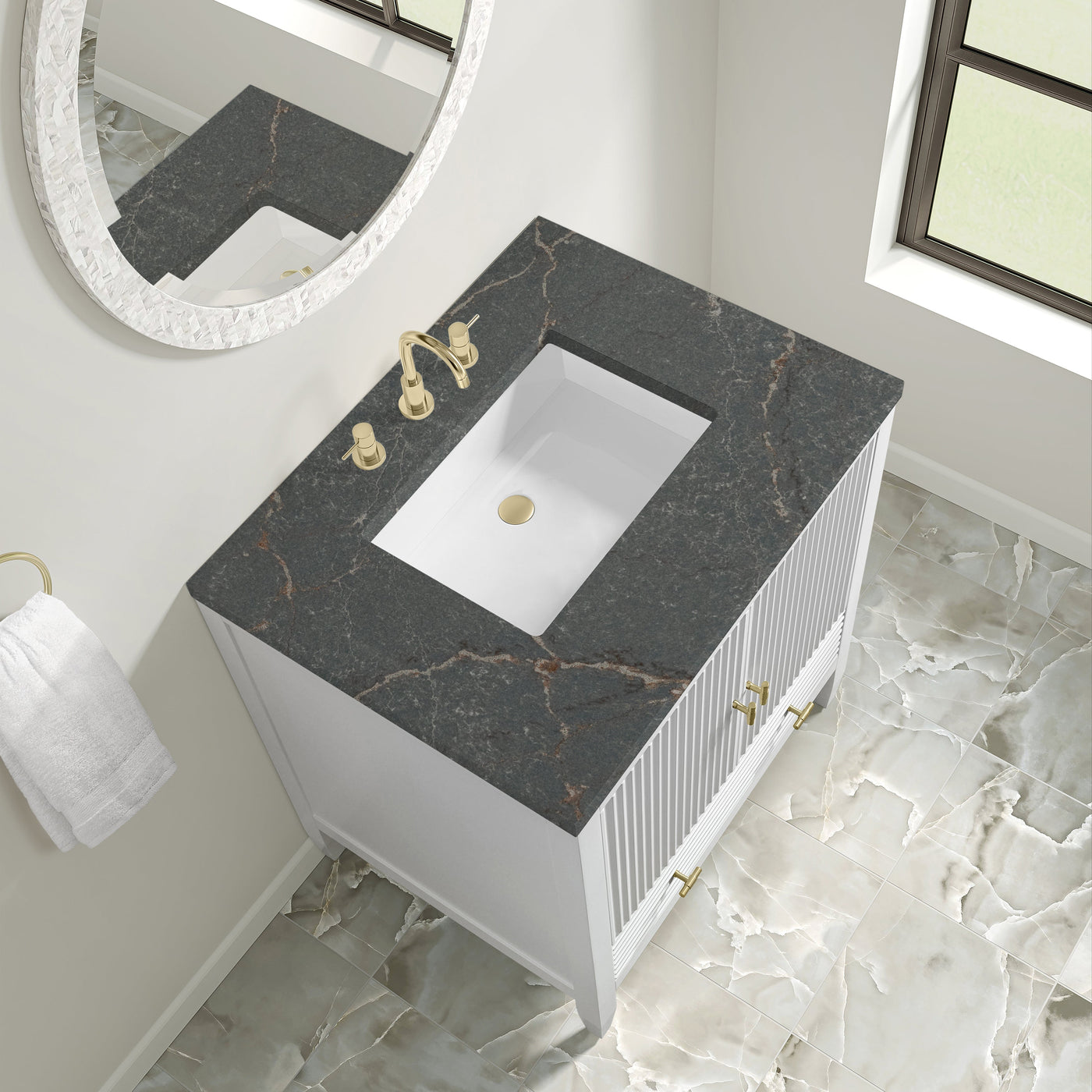 James Martin Myrrin 30" Single Bathroom Vanity, Bright White with Parisien Bleu countertop