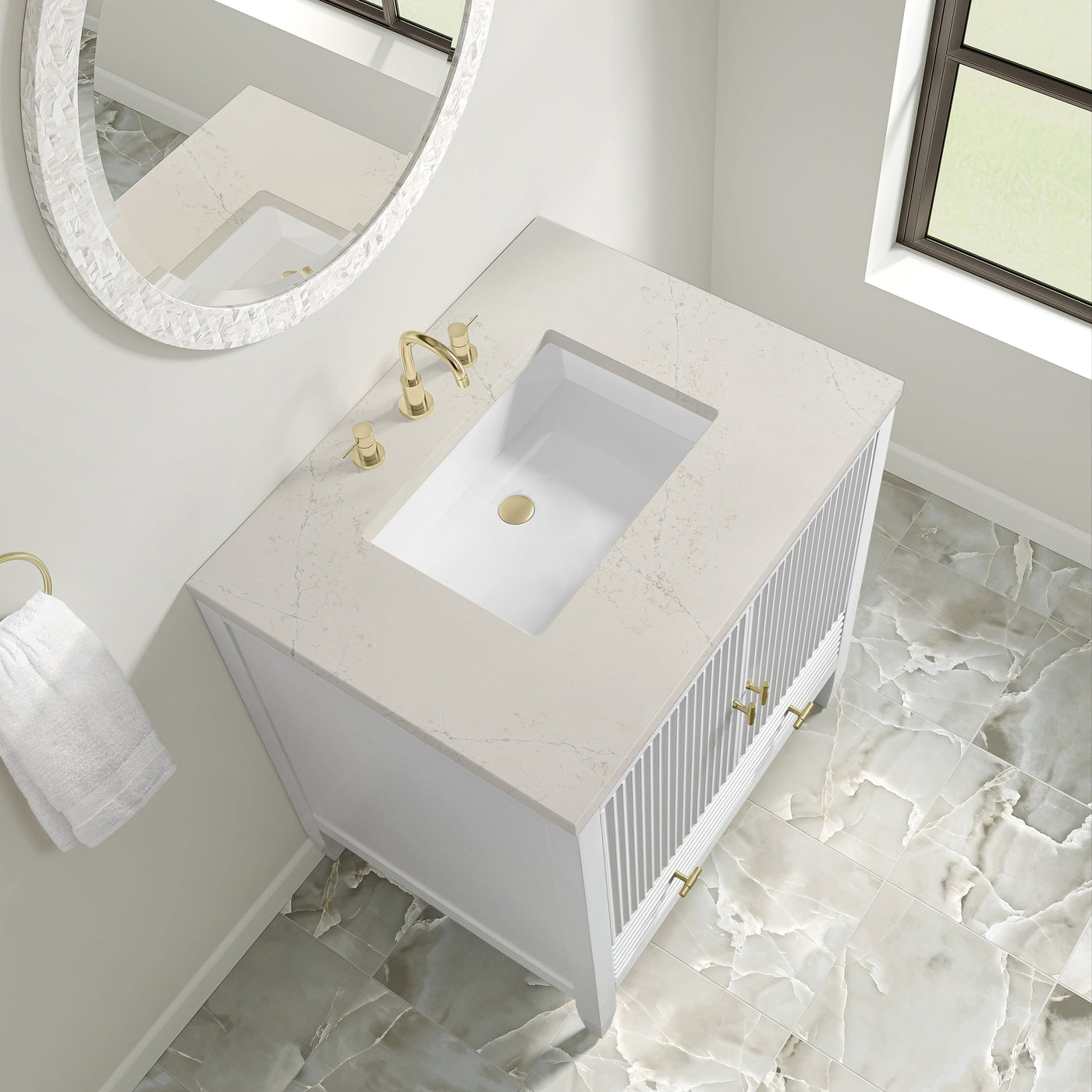 James Martin Myrrin 30" Single Bathroom Vanity, Bright White with Siberian countertop