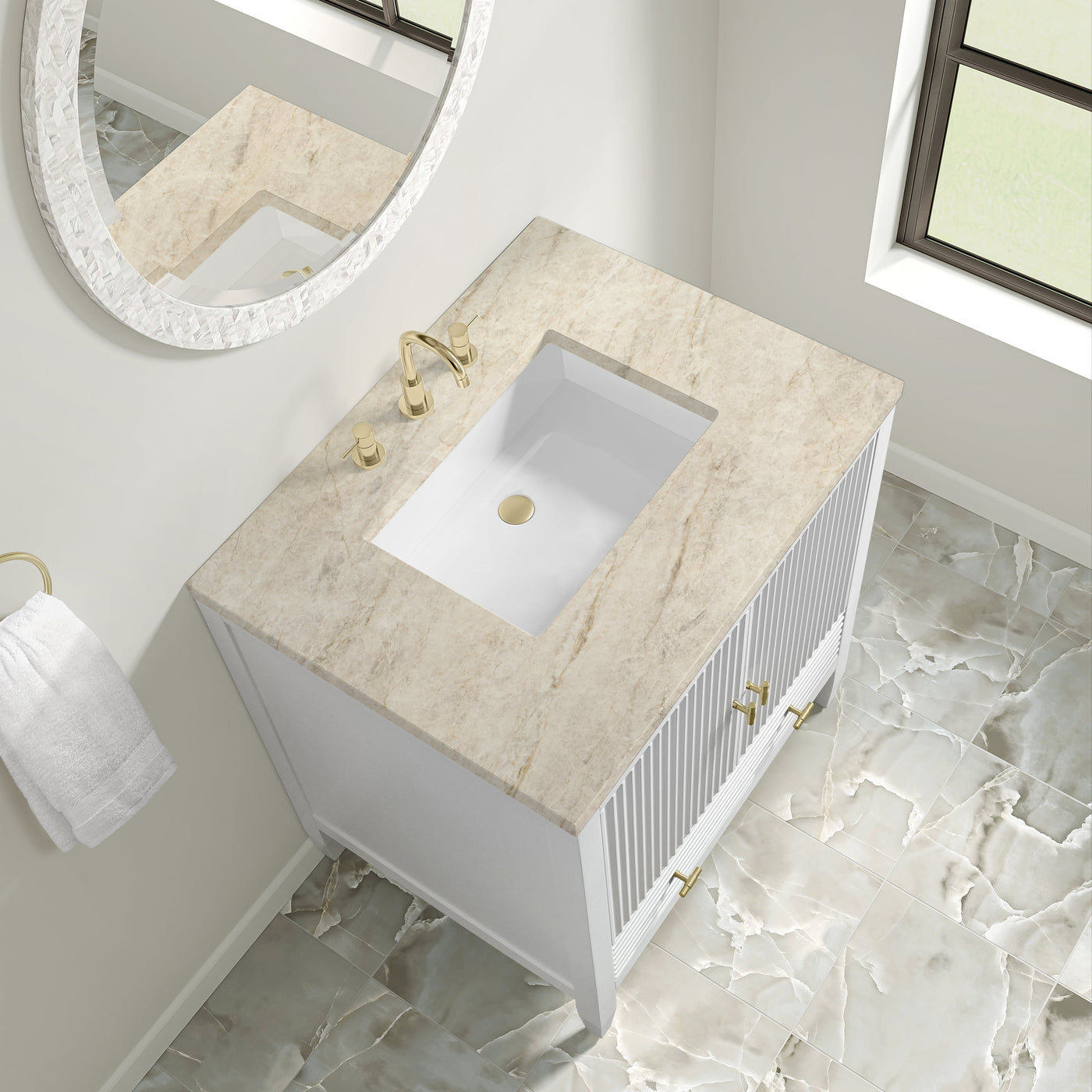 James Martin Myrrin 30" Single Bathroom Vanity, Bright White with Tajnar countertop