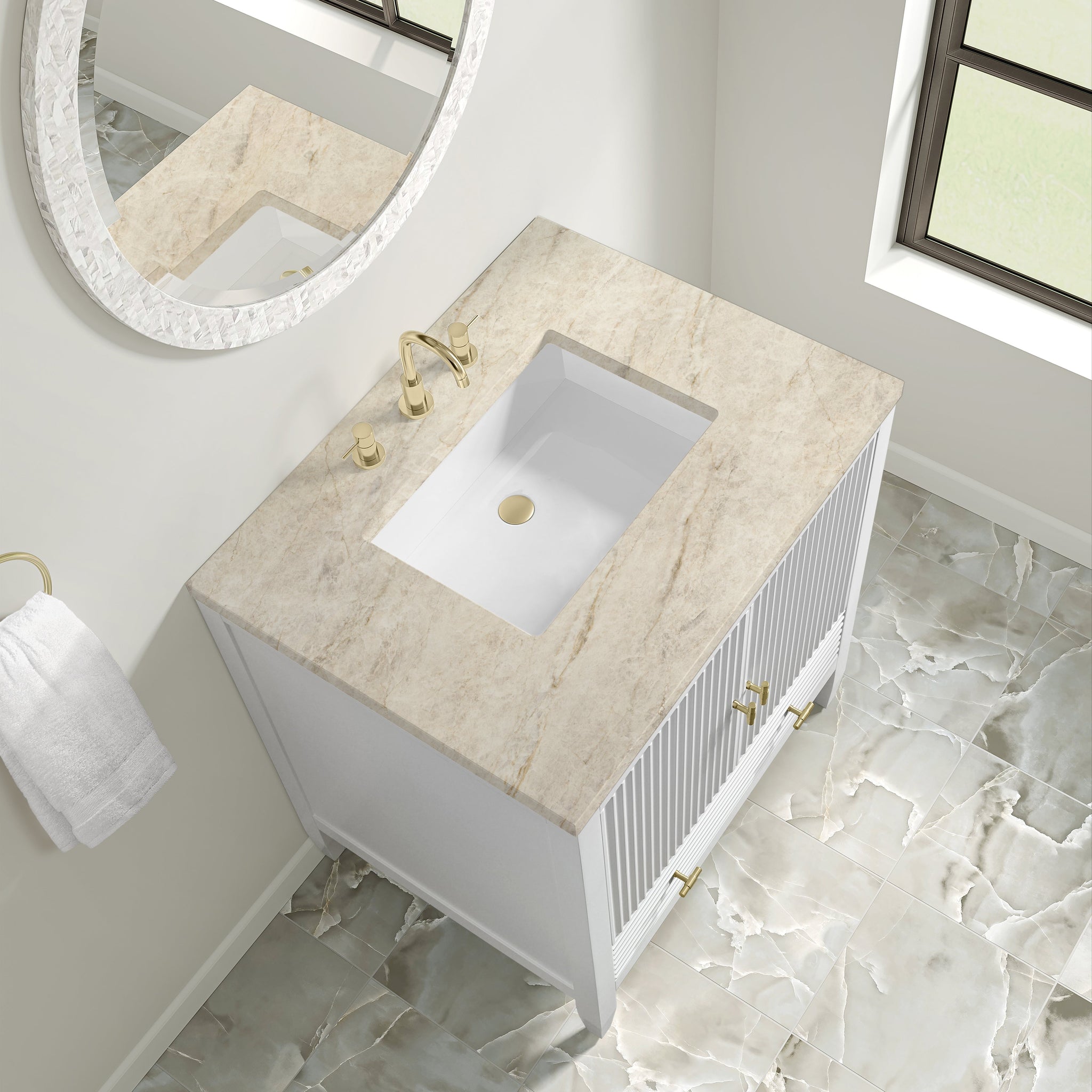 James Martin Myrrin 30" Single Bathroom Vanity, Bright White with Tajnar countertop