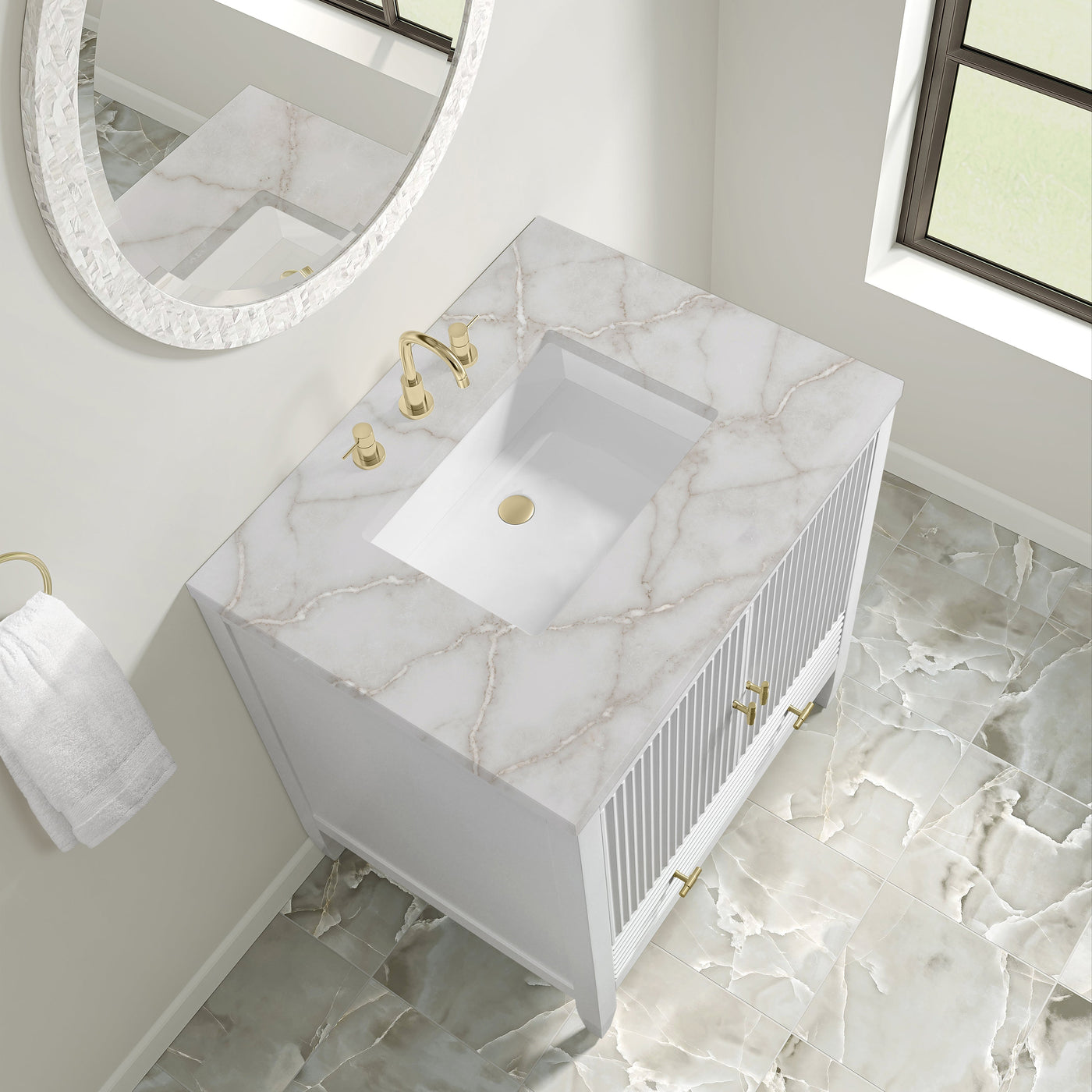 James Martin Myrrin 30" Single Bathroom Vanity, Bright White with Victorian Silver countertop