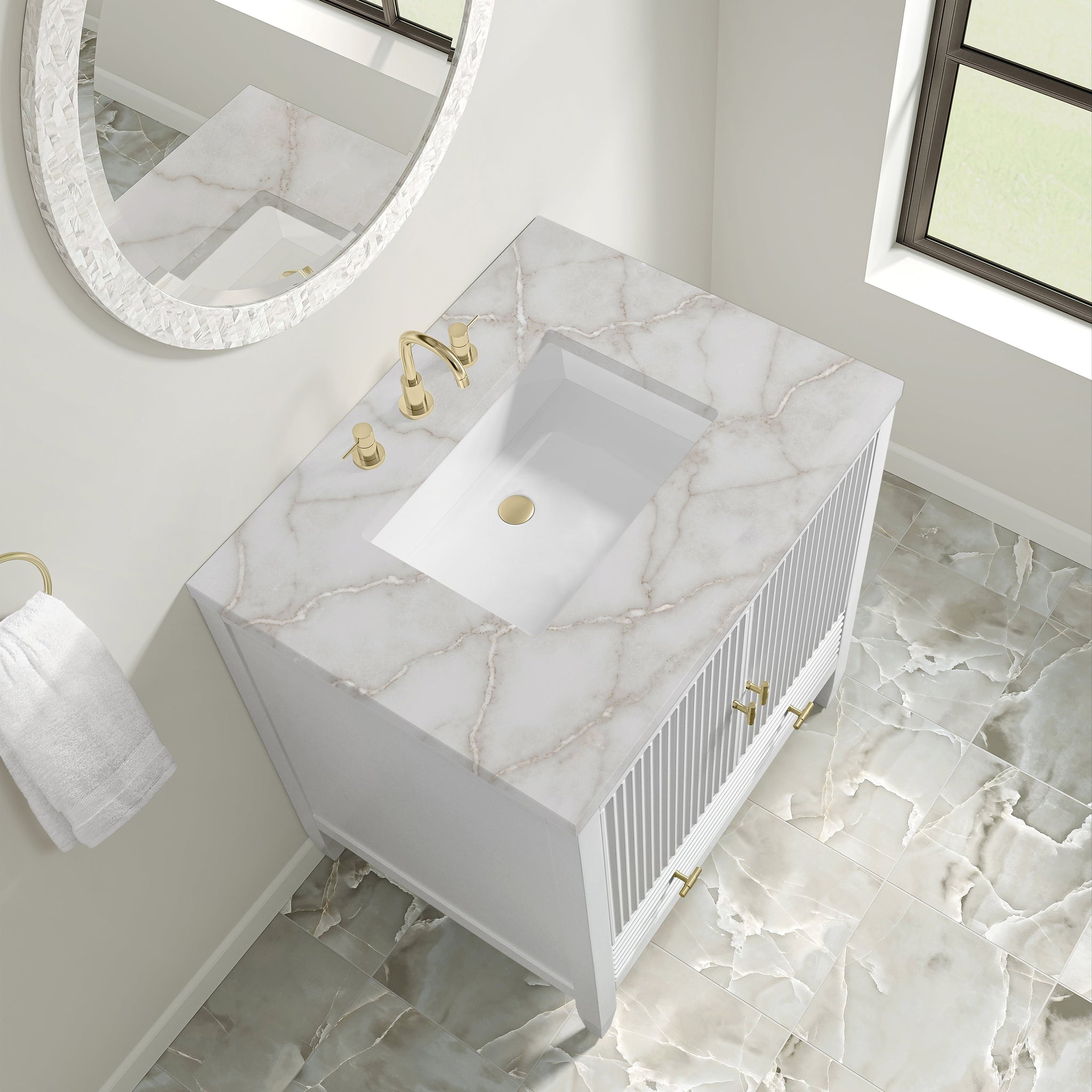 James Martin Myrrin 30" Single Bathroom Vanity, Bright White with Victorian Silver countertop