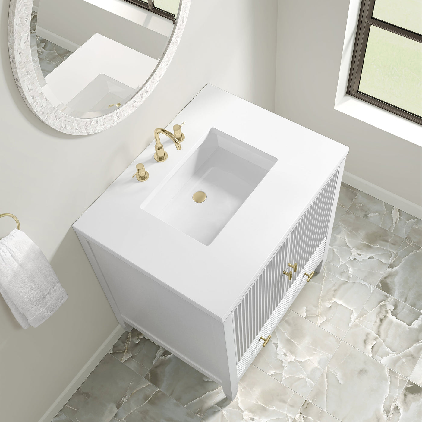 James Martin Myrrin 30" Single Bathroom Vanity, Bright White with White Zeus countertop