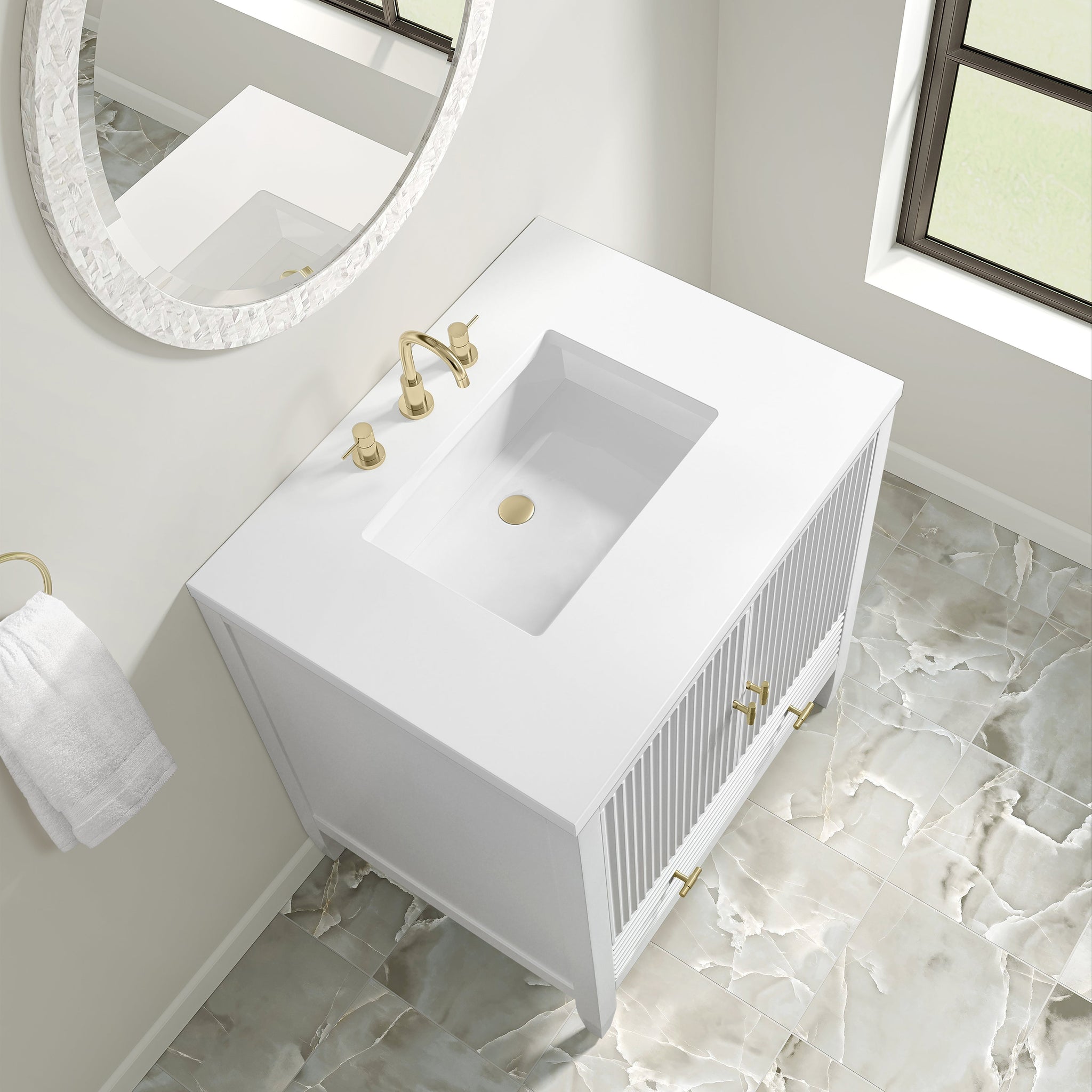 James Martin Myrrin 30" Single Bathroom Vanity, Bright White with White Zeus countertop