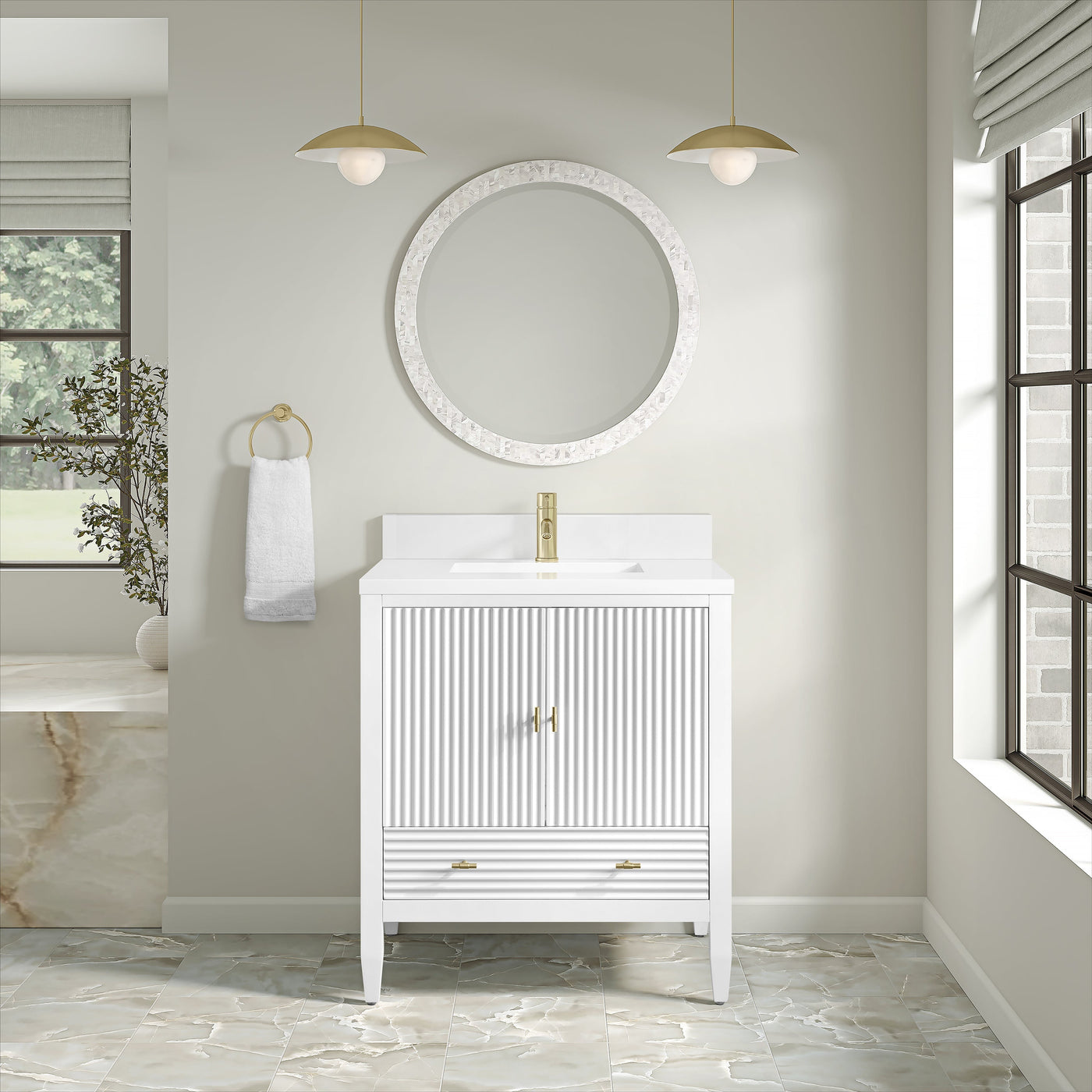 James Martin Myrrin 30" Single Bathroom Vanity, Bright White with White Zeus (Single Hole) countertop