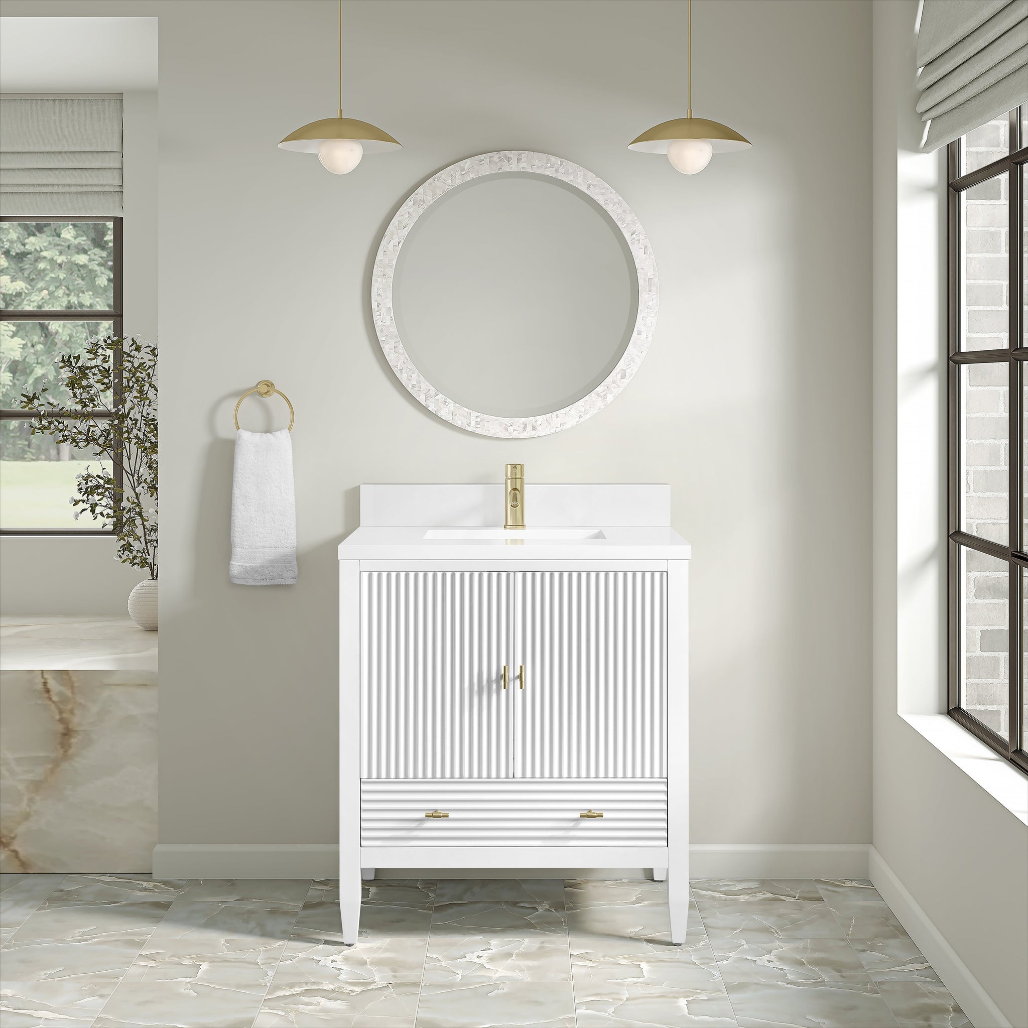 James Martin Myrrin 30" Single Bathroom Vanity, Bright White with White Zeus (Single Hole) countertop
