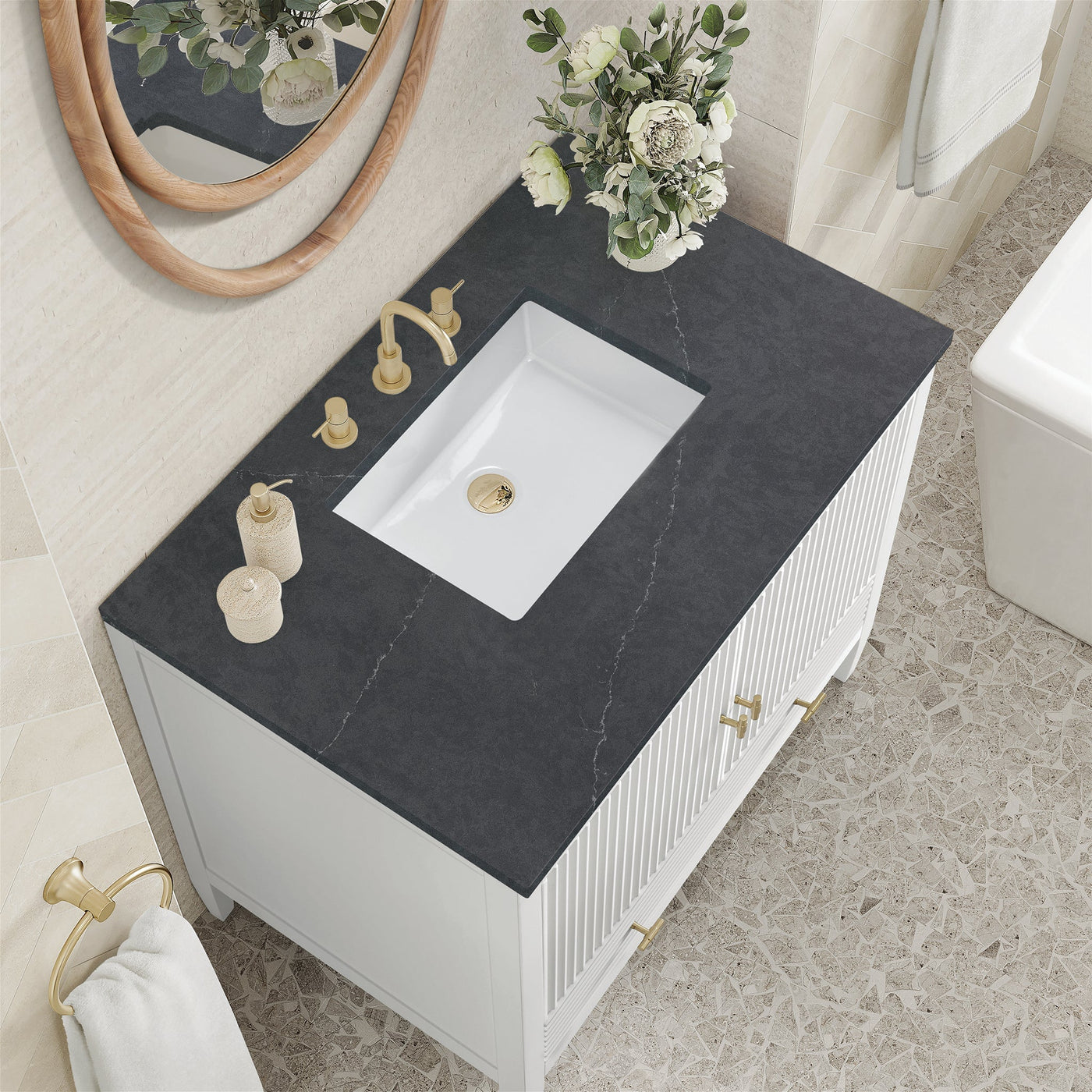James Martin Myrrin 36" Single Bathroom Vanity, Bright White with Charcoal Soapstone countertop