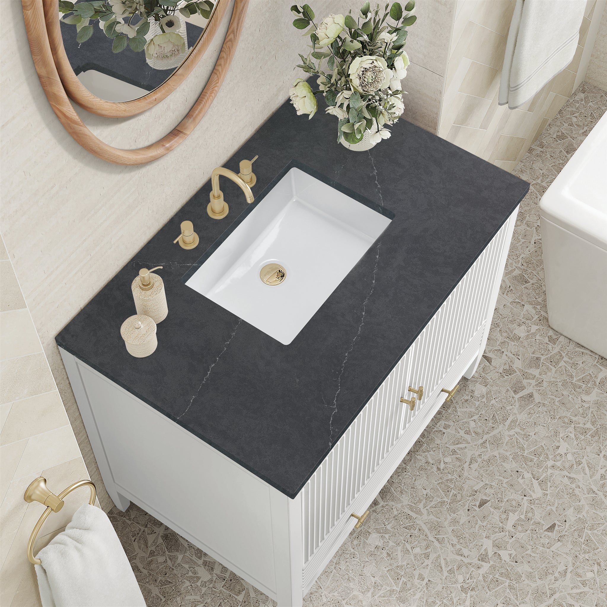 James Martin Myrrin 36" Single Bathroom Vanity, Bright White with Charcoal Soapstone countertop