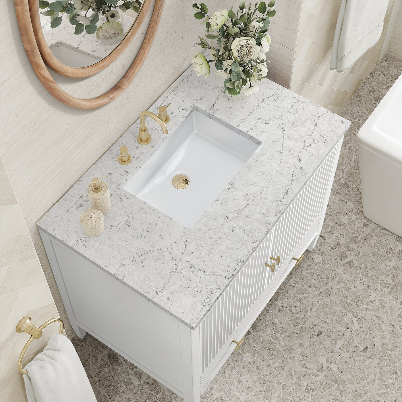 James Martin Myrrin 36" Single Bathroom Vanity, Bright White with Eternal Jasmine Pearl countertop
