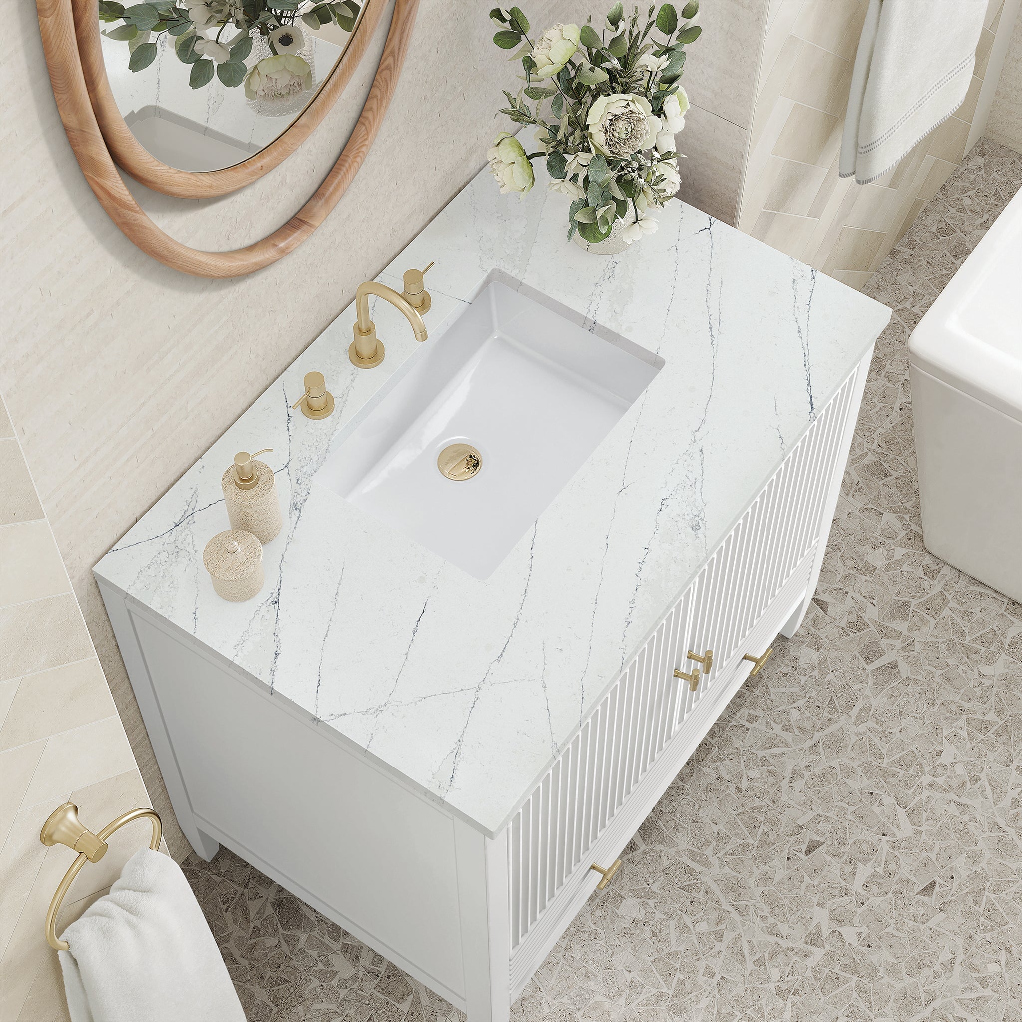 James Martin Myrrin 36" Single Bathroom Vanity, Bright White with Ethereal Noctis countertop
