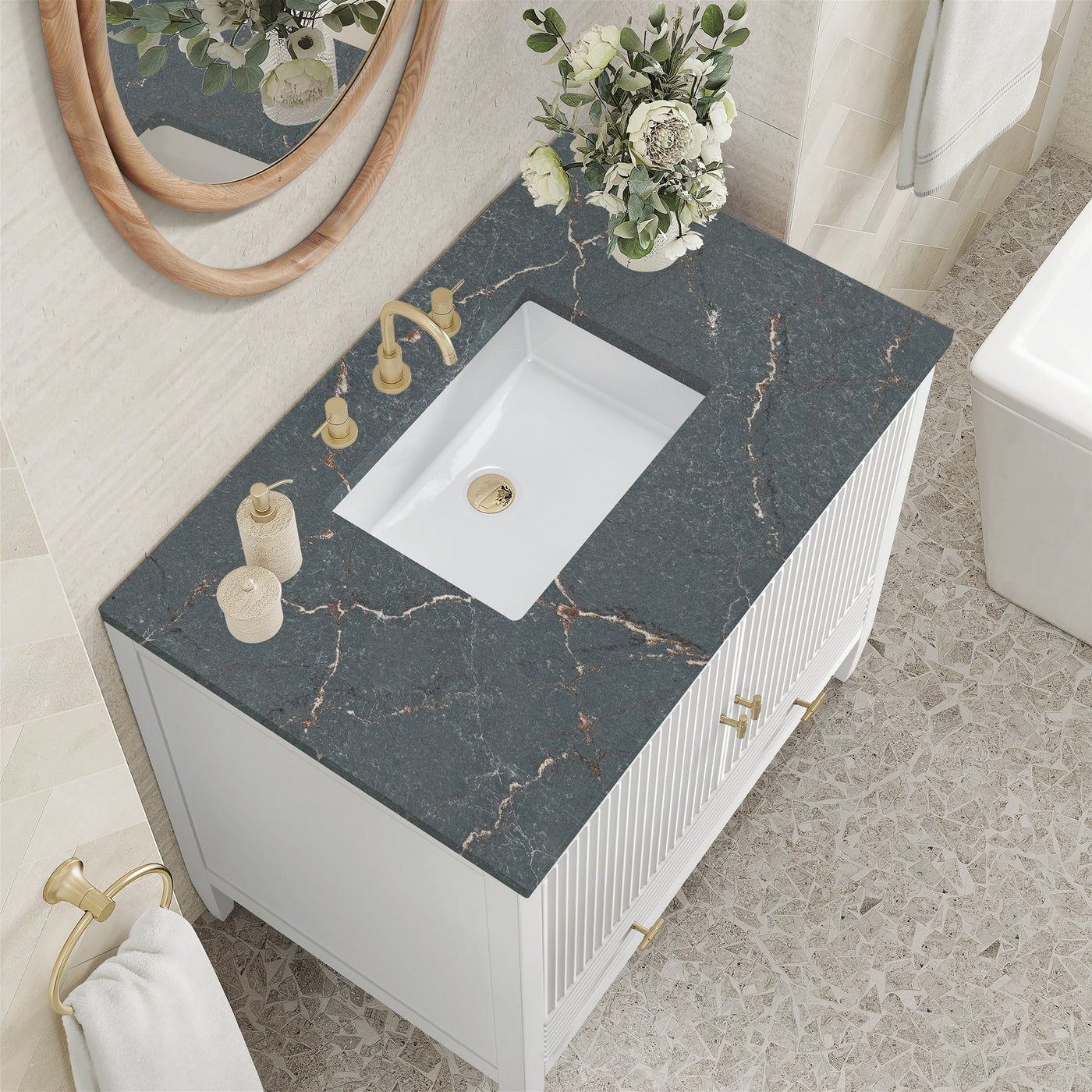 James Martin Myrrin 36" Single Bathroom Vanity, Bright White with Parisien Bleu countertop