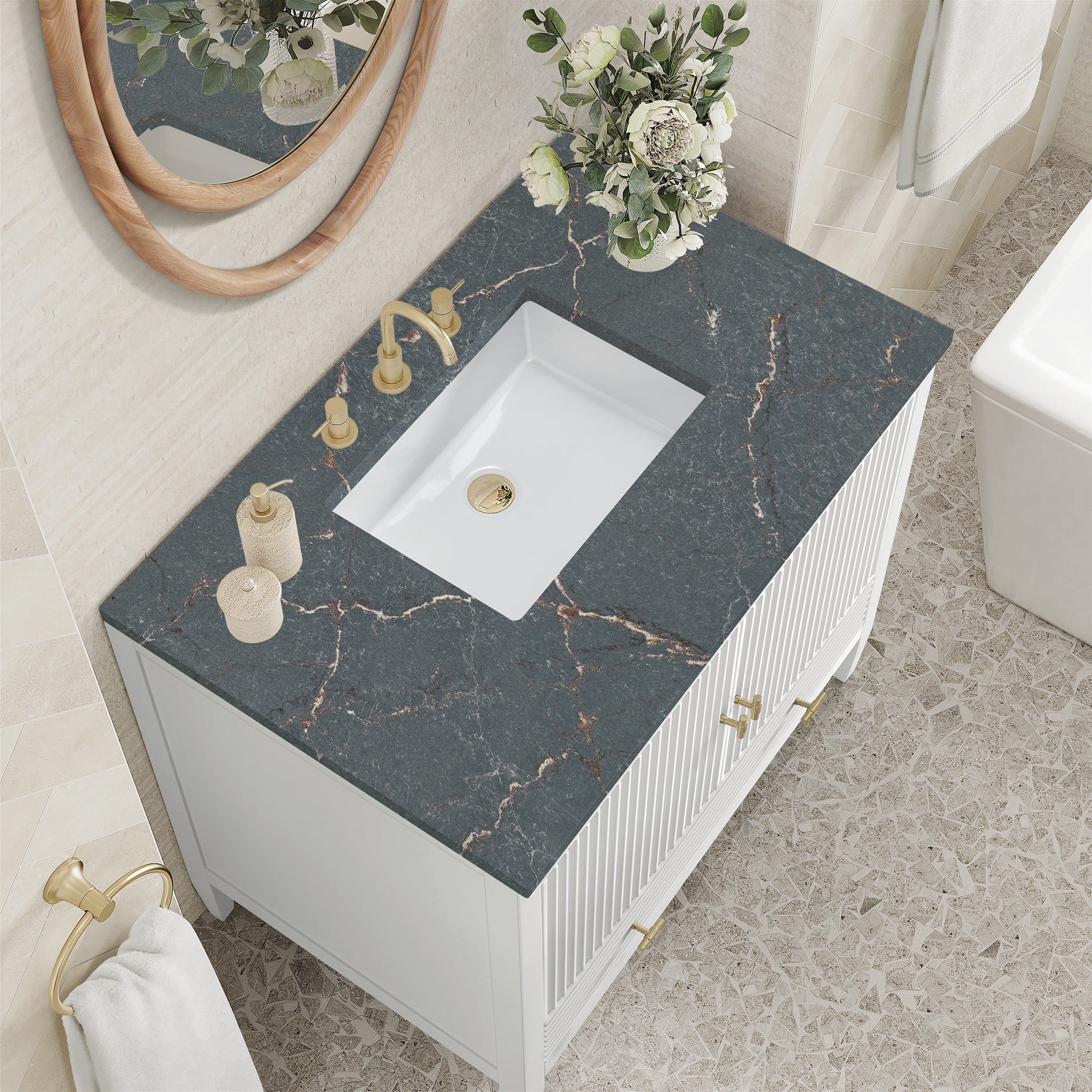James Martin Myrrin 36" Single Bathroom Vanity, Bright White with Parisien Bleu countertop