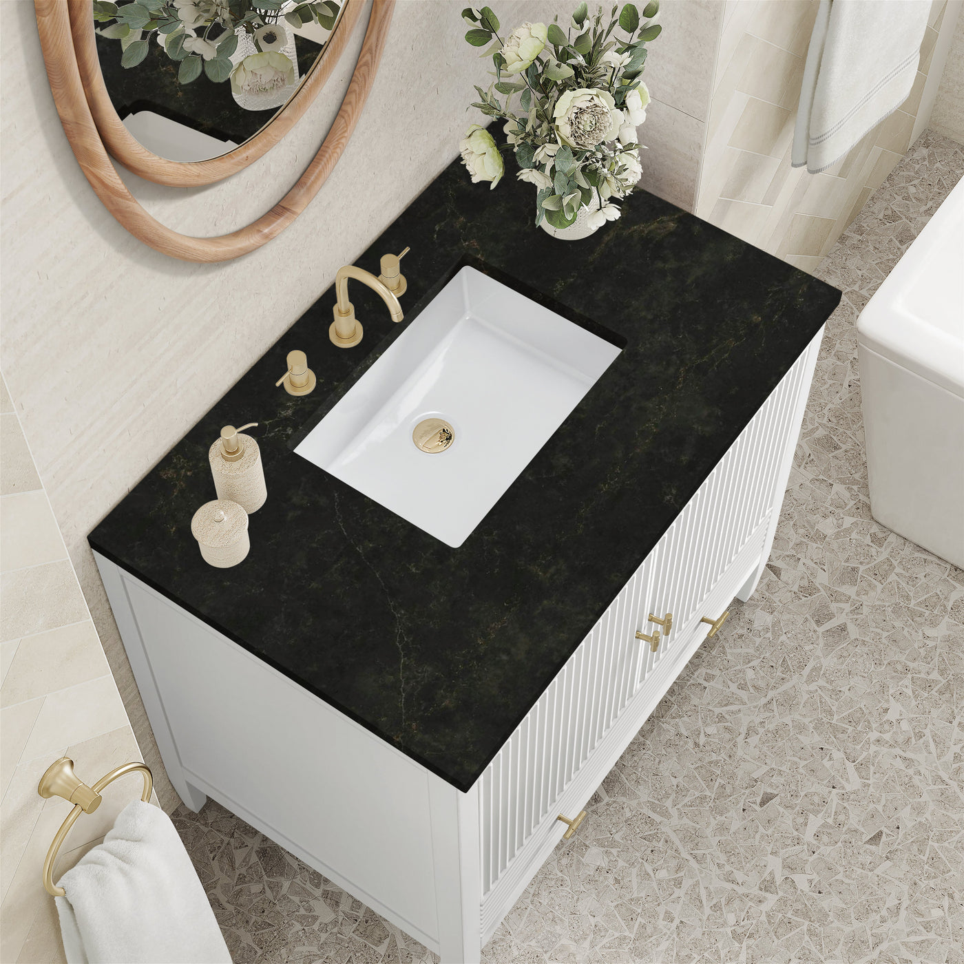 James Martin Myrrin 36" Single Bathroom Vanity, Bright White with Phantome countertop