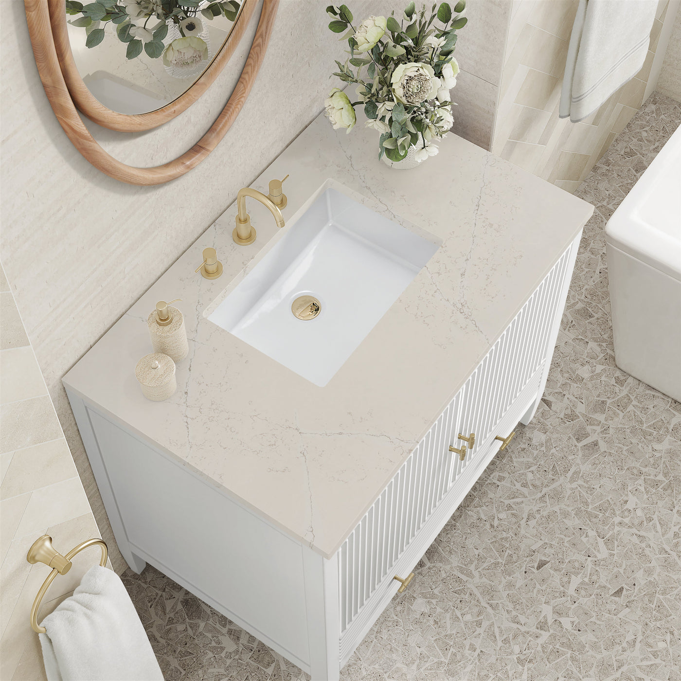 James Martin Myrrin 36" Single Bathroom Vanity, Bright White with Siberian countertop