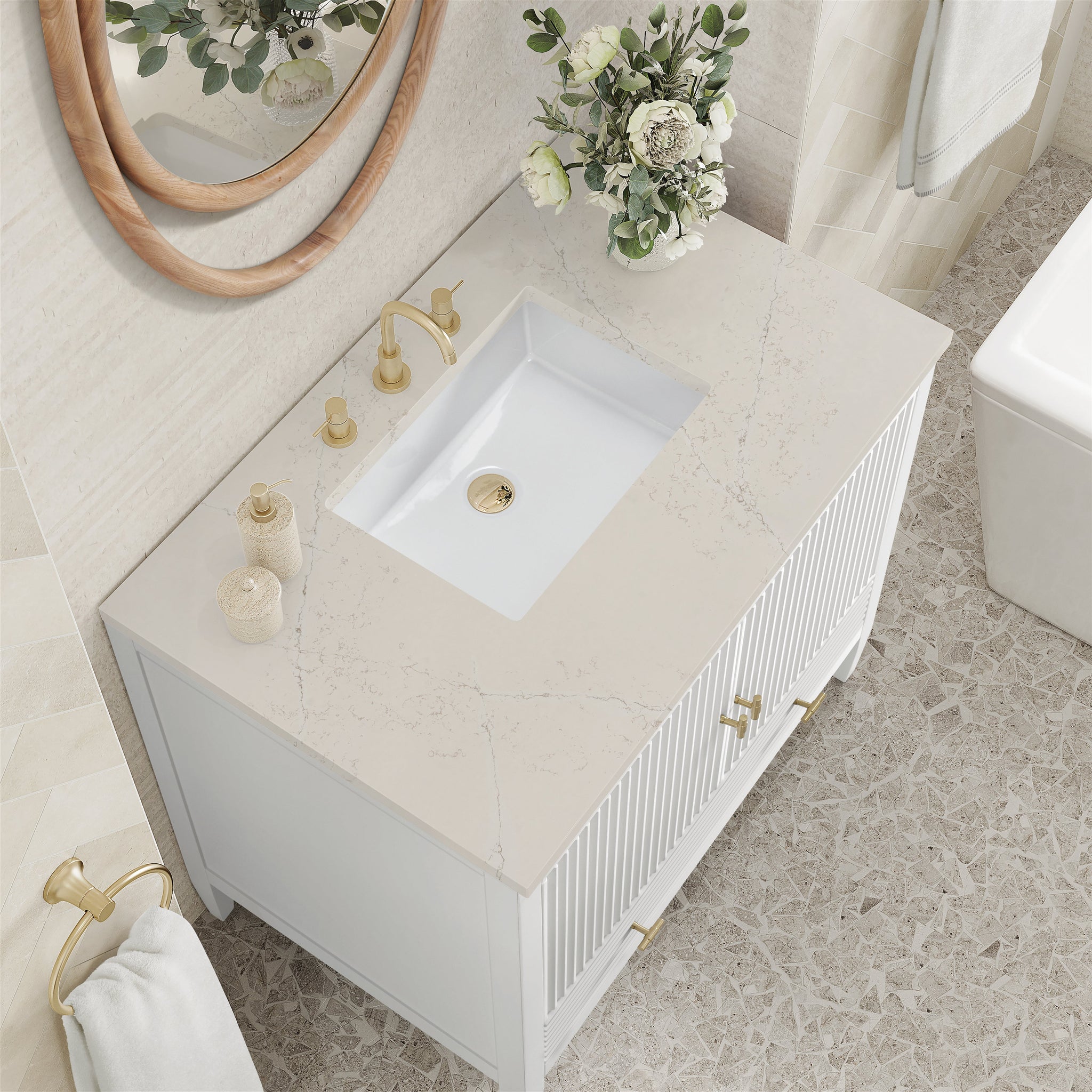 James Martin Myrrin 36" Single Bathroom Vanity, Bright White with Siberian countertop