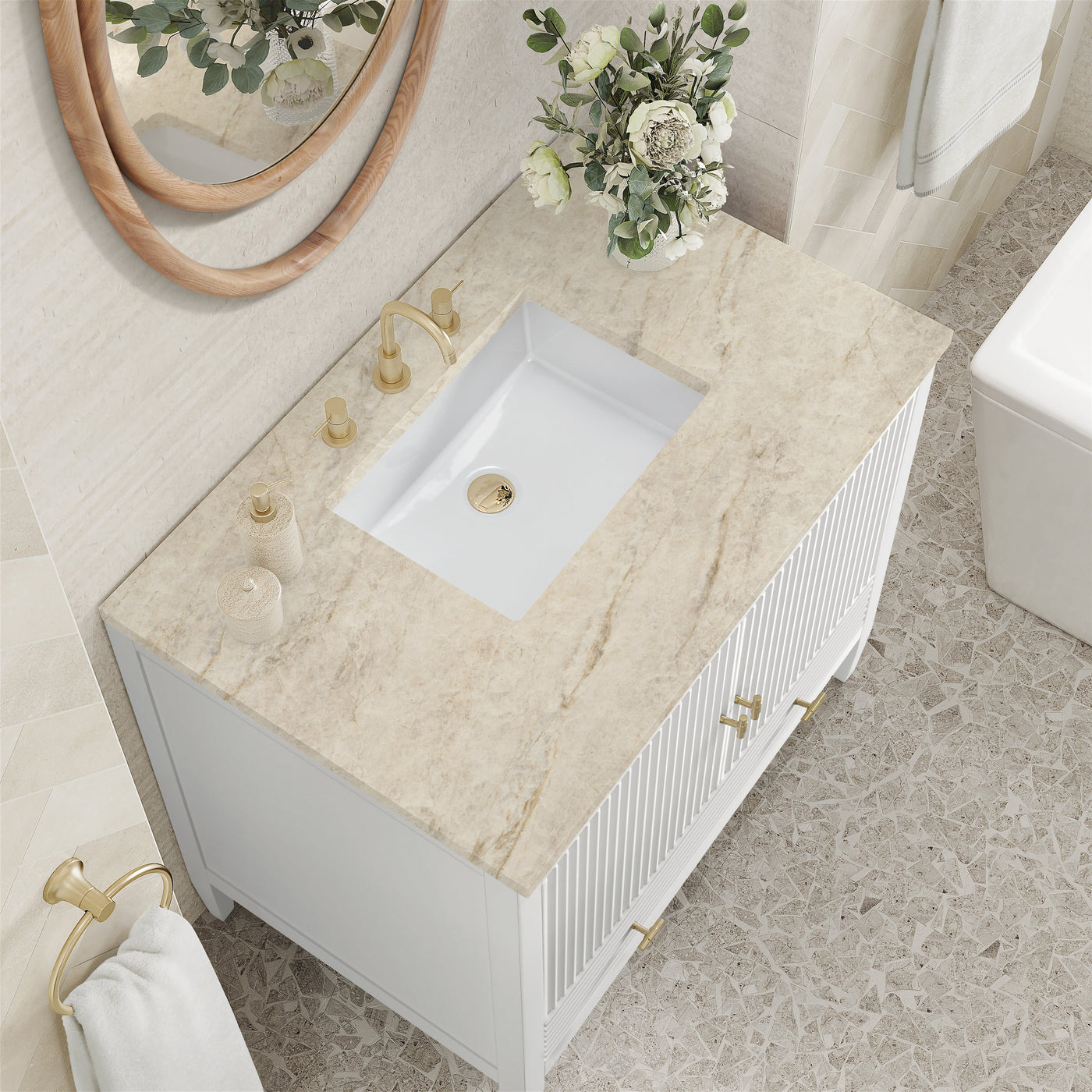 James Martin Myrrin 36" Single Bathroom Vanity, Bright White with Tajnar countertop