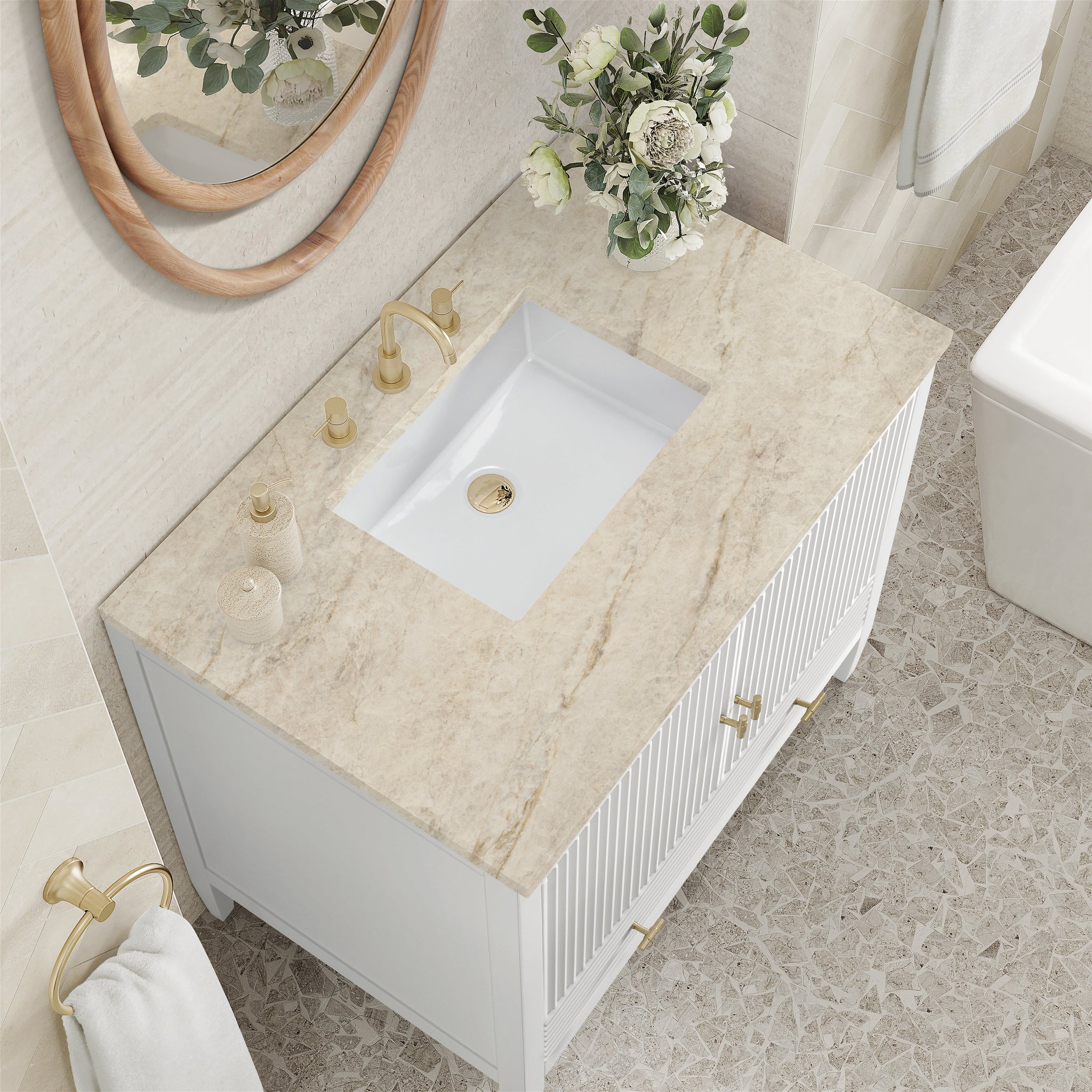 James Martin Myrrin 36" Single Bathroom Vanity, Bright White with Tajnar countertop
