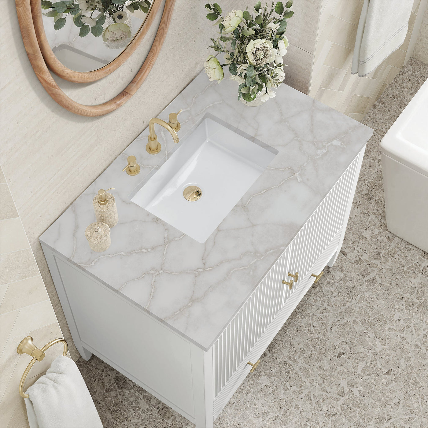 James Martin Myrrin 36" Single Bathroom Vanity, Bright White with Victorian Silver countertop