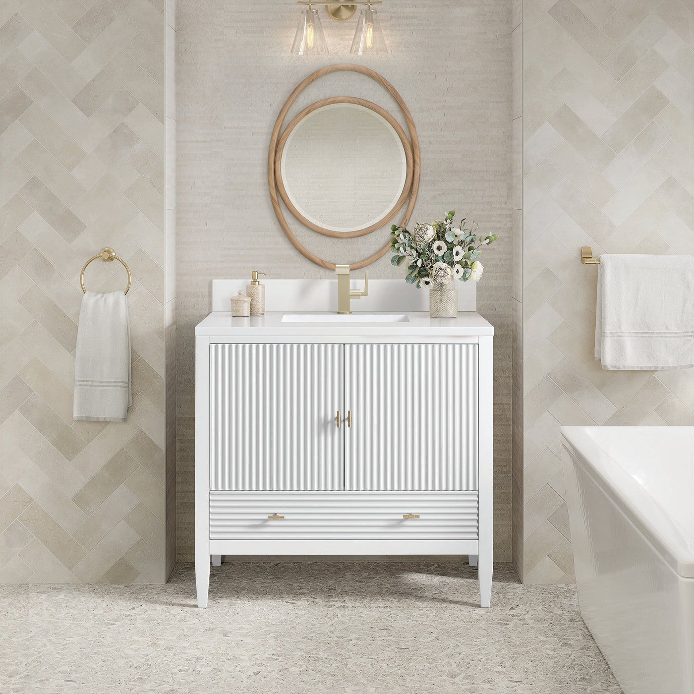 James Martin Myrrin 36" Single Bathroom Vanity, Bright White with White Zeus (Single Hole, with Backsplash) countertop