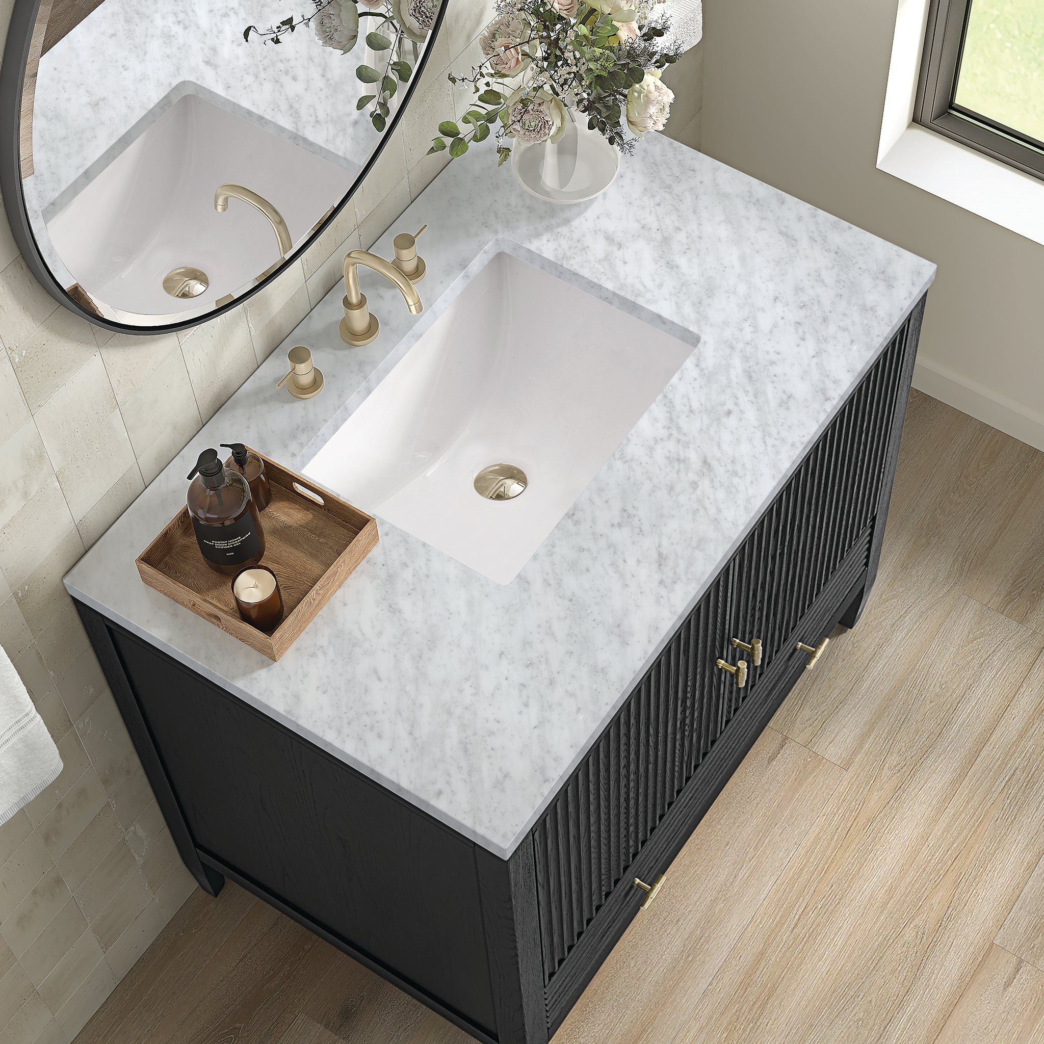James Martin Myrrin 36" Single Bathroom Vanity, Carbon Oak with Carrara White countertop
