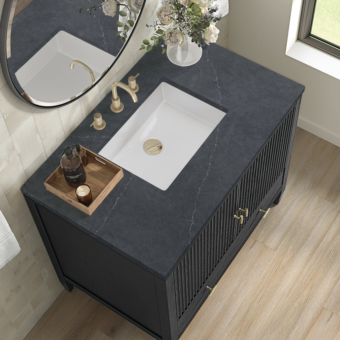 James Martin Myrrin 36" Single Bathroom Vanity, Carbon Oak with Charcoal Soapstone countertop