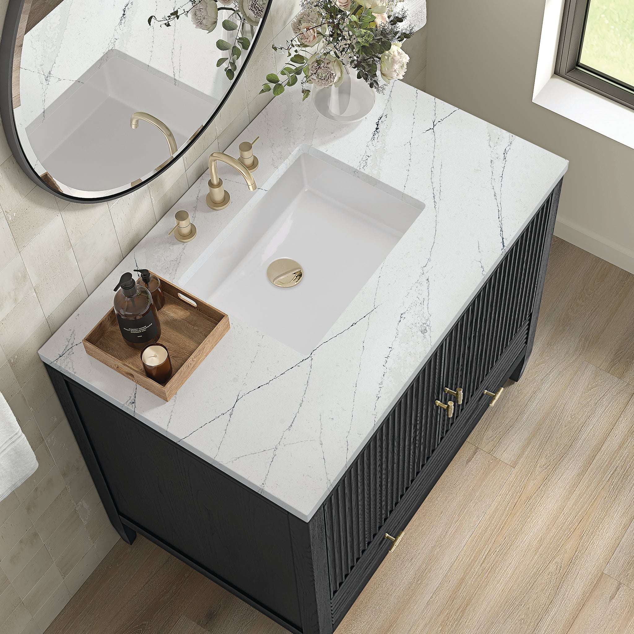 James Martin Myrrin 36" Single Bathroom Vanity, Carbon Oak with Ethereal Noctis countertop