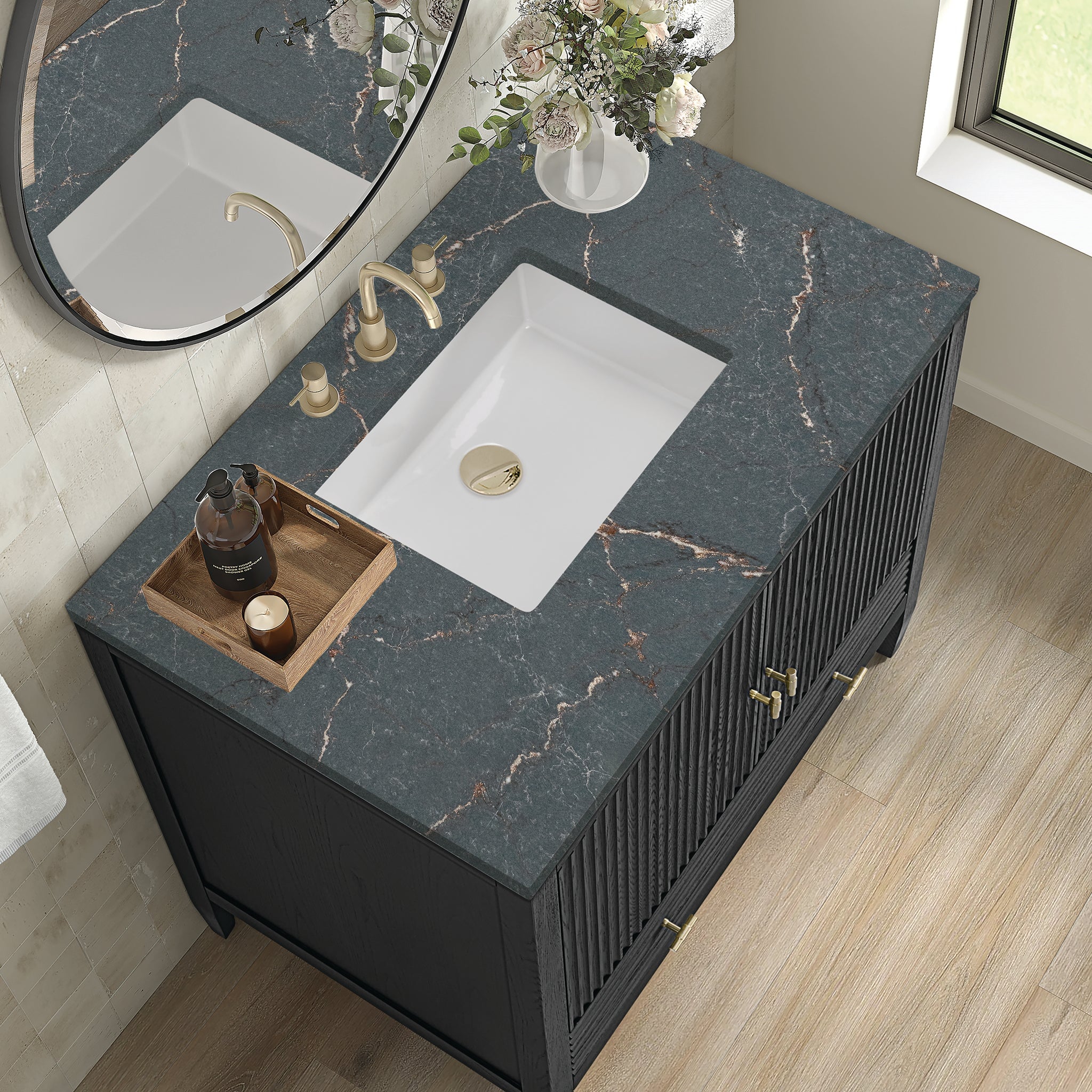 James Martin Myrrin 36" Single Bathroom Vanity, Carbon Oak with Parisien Bleu countertop