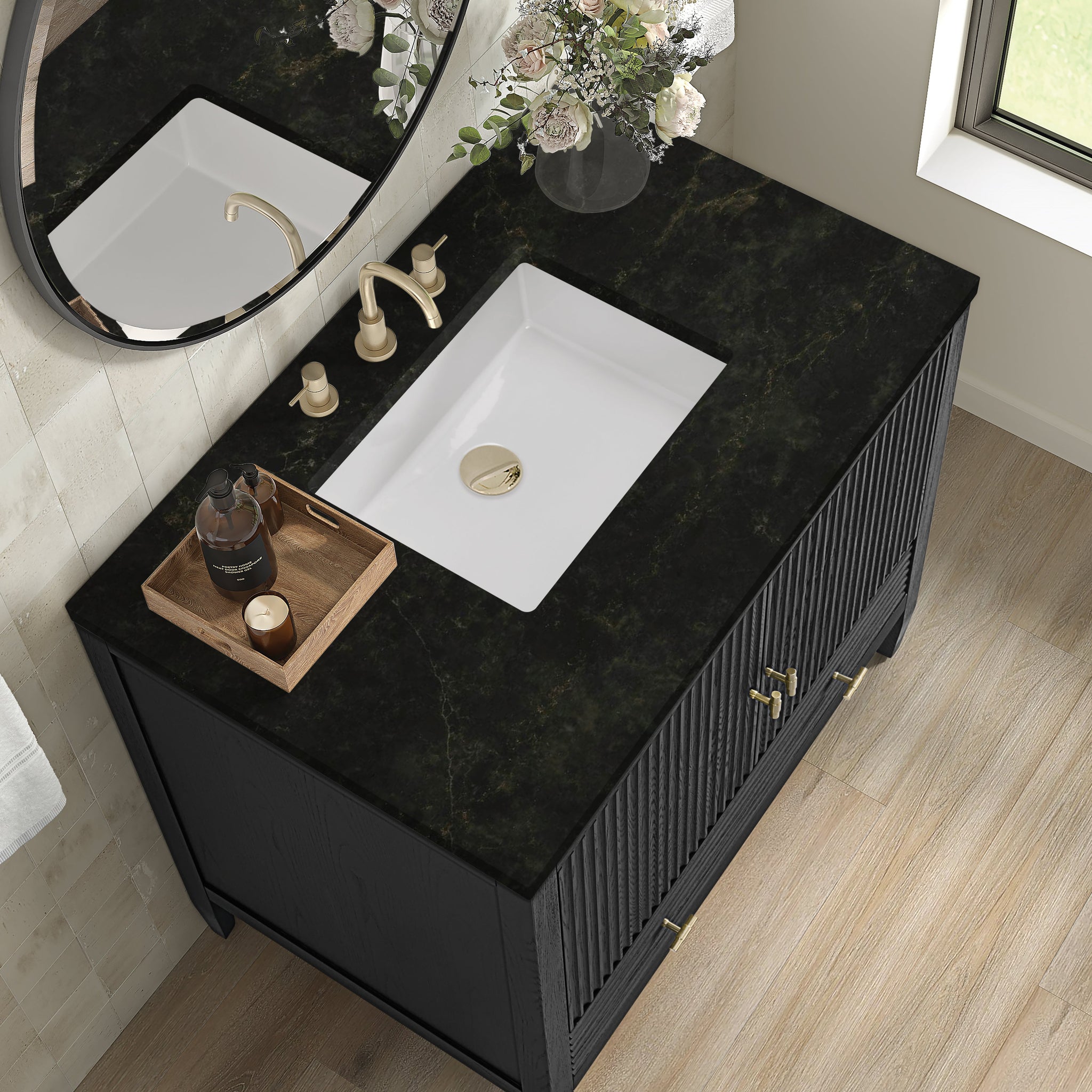 James Martin Myrrin 36" Single Bathroom Vanity, Carbon Oak with Phantome countertop