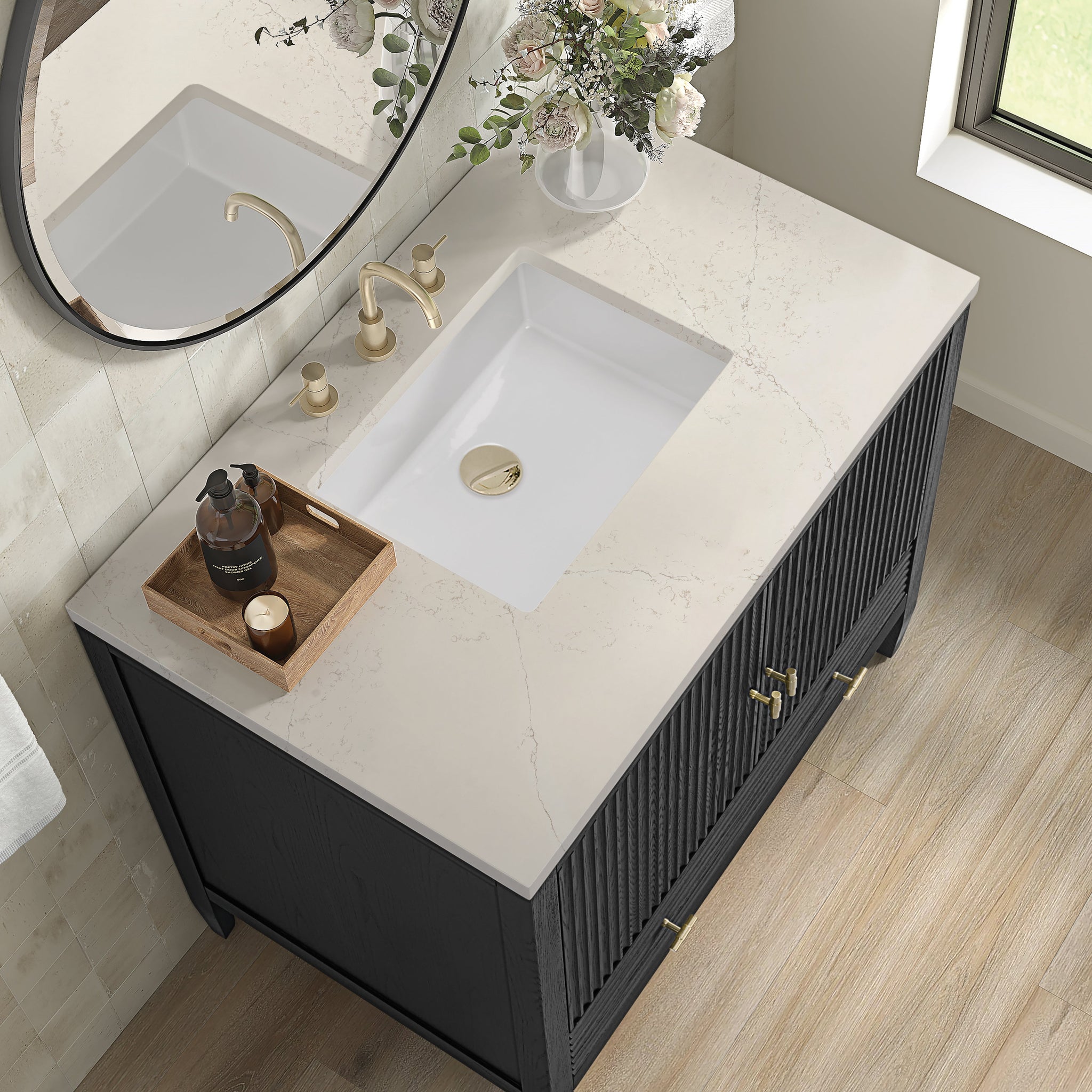 James Martin Myrrin 36" Single Bathroom Vanity, Carbon Oak with Siberian countertop