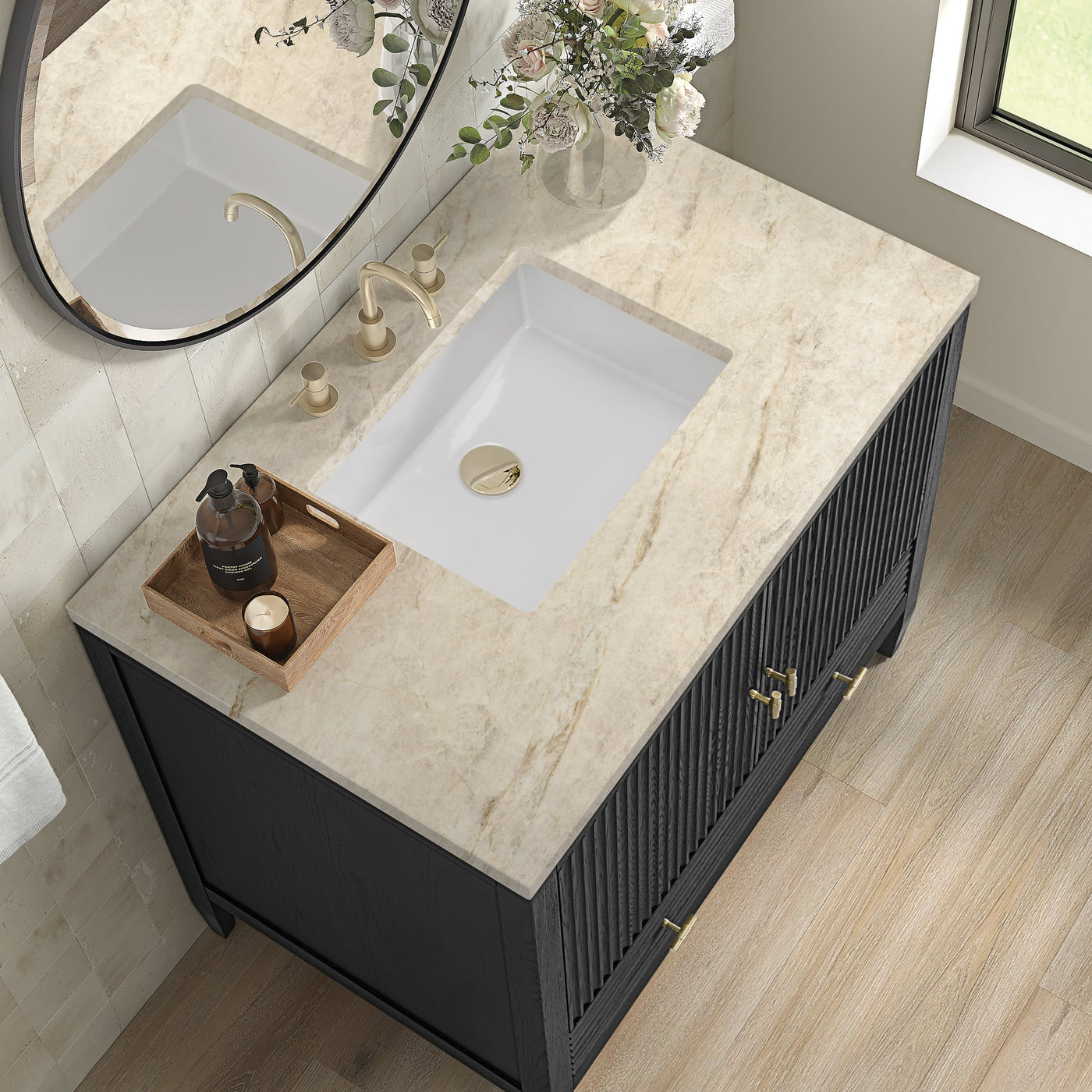 James Martin Myrrin 36" Single Bathroom Vanity, Carbon Oak with Tajnar countertop