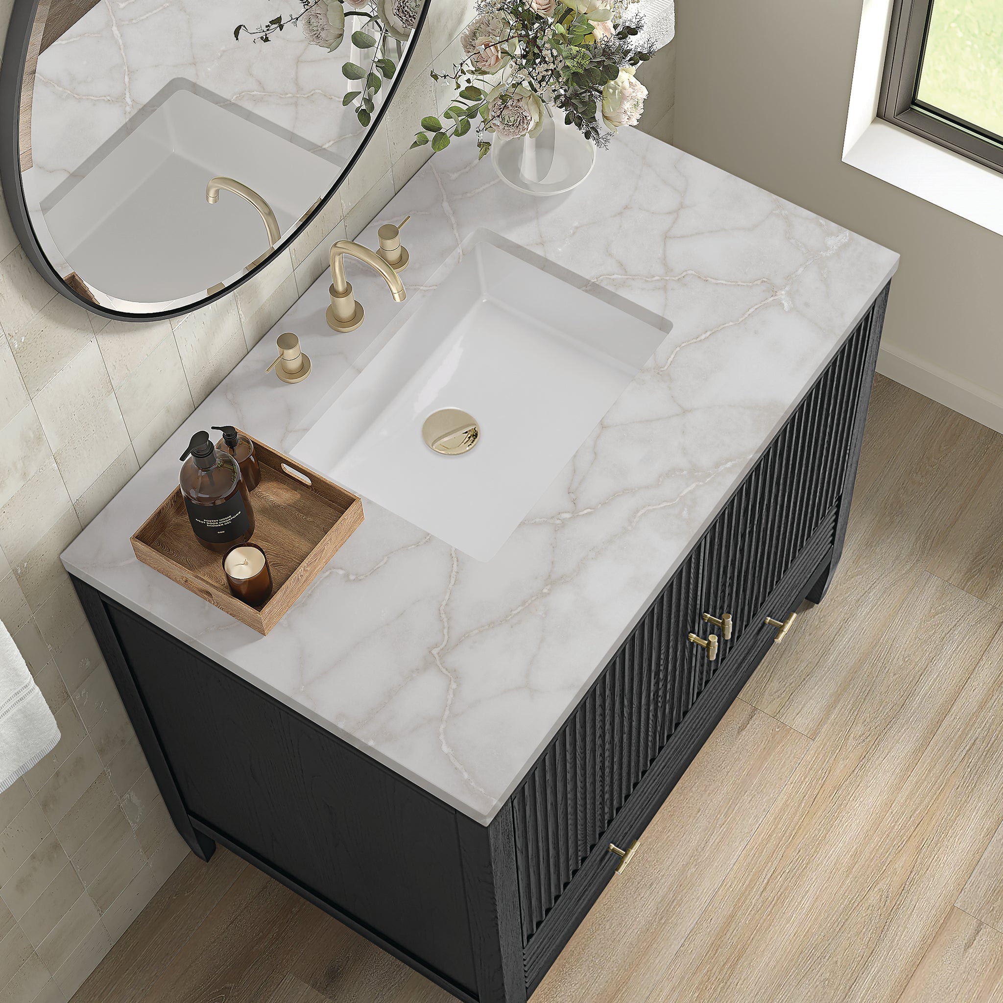 James Martin Myrrin 36" Single Bathroom Vanity, Carbon Oak with Victorian Silver countertop