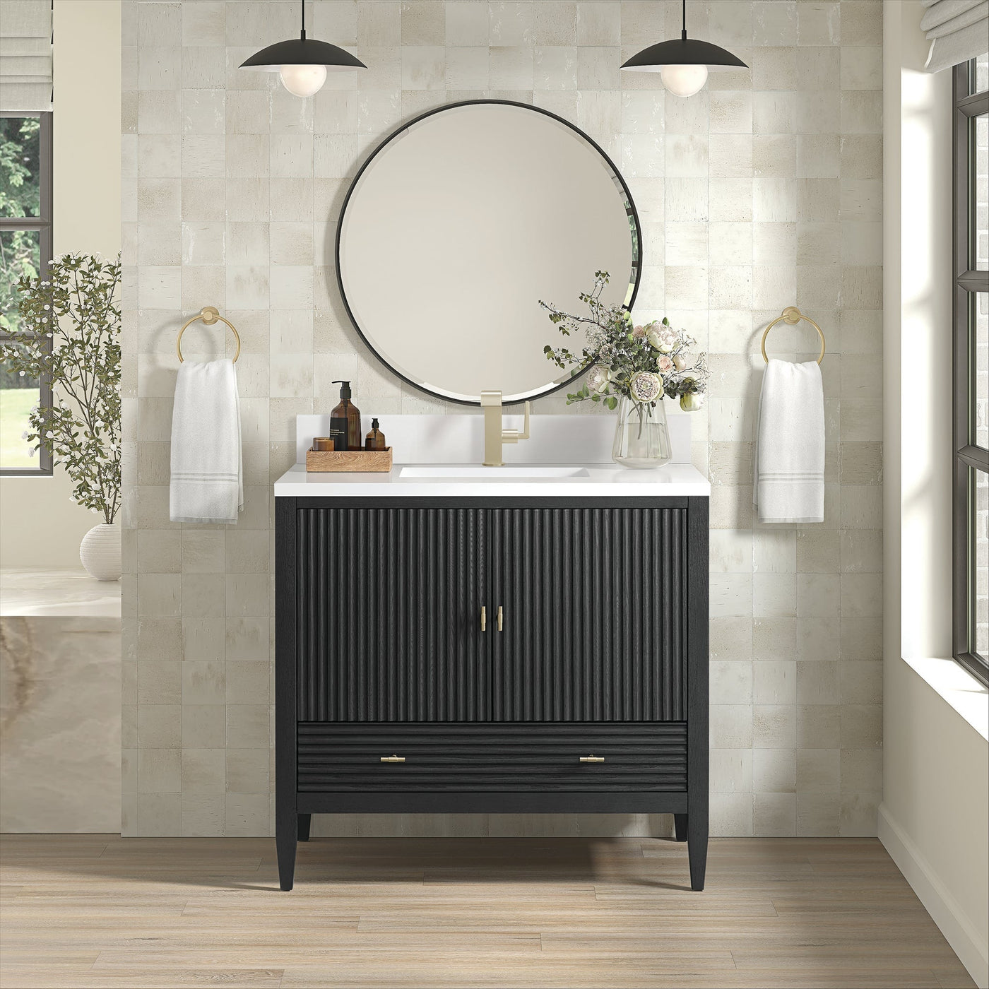 James Martin Myrrin 36" Single Bathroom Vanity, Carbon Oak with White Zeus (Single Hole, with Backsplash) countertop