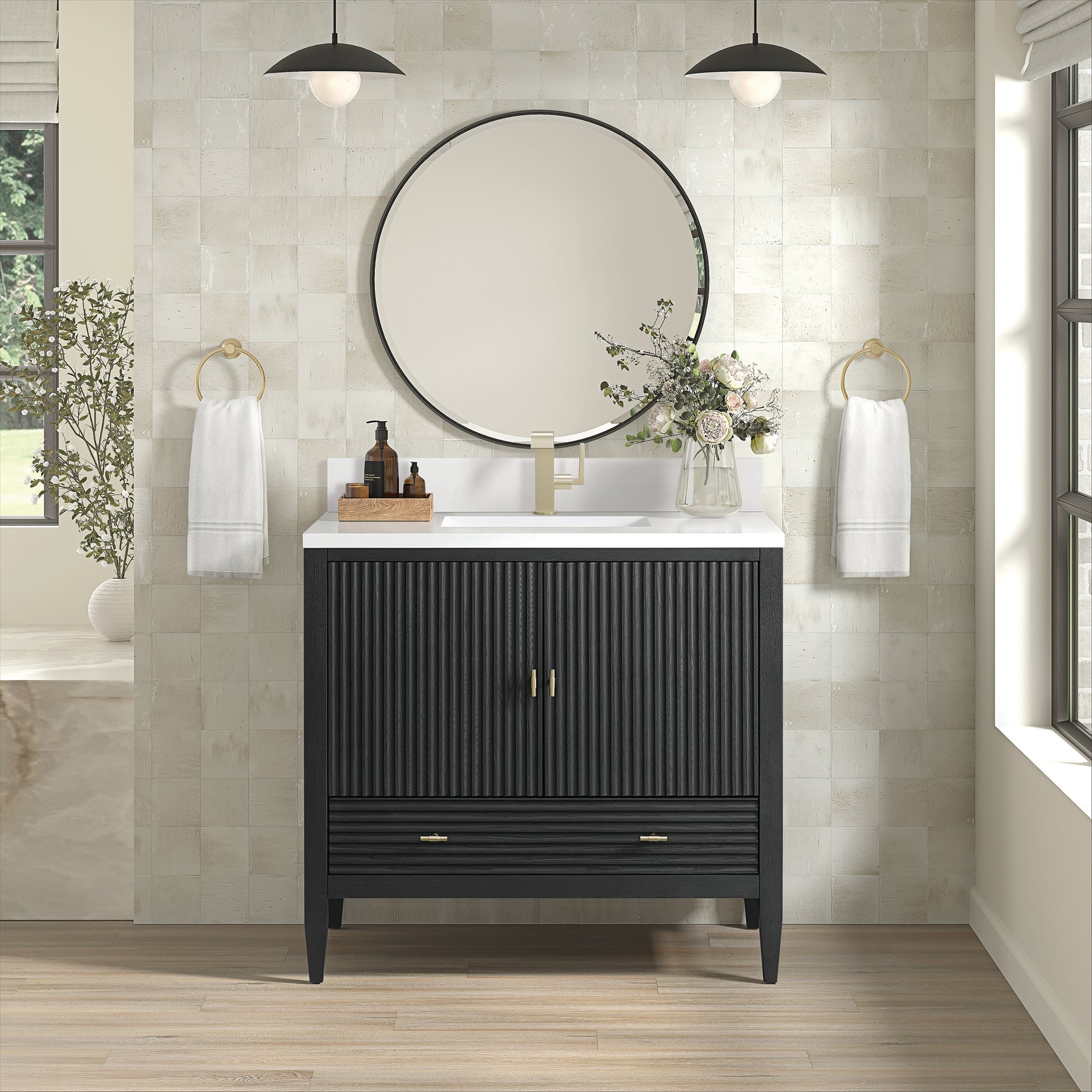 James Martin Myrrin 36" Single Bathroom Vanity, Carbon Oak with White Zeus (Single Hole, with Backsplash) countertop