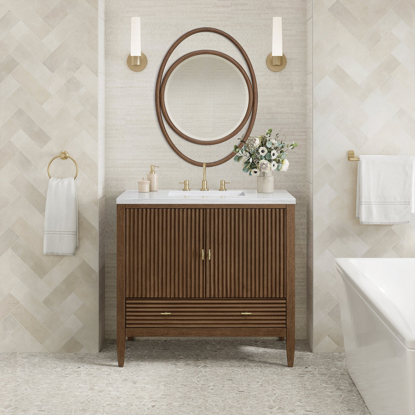 James Martin Myrrin 36" Single Bathroom Vanity, Mid-Century Walnut, cabinet without a countertop