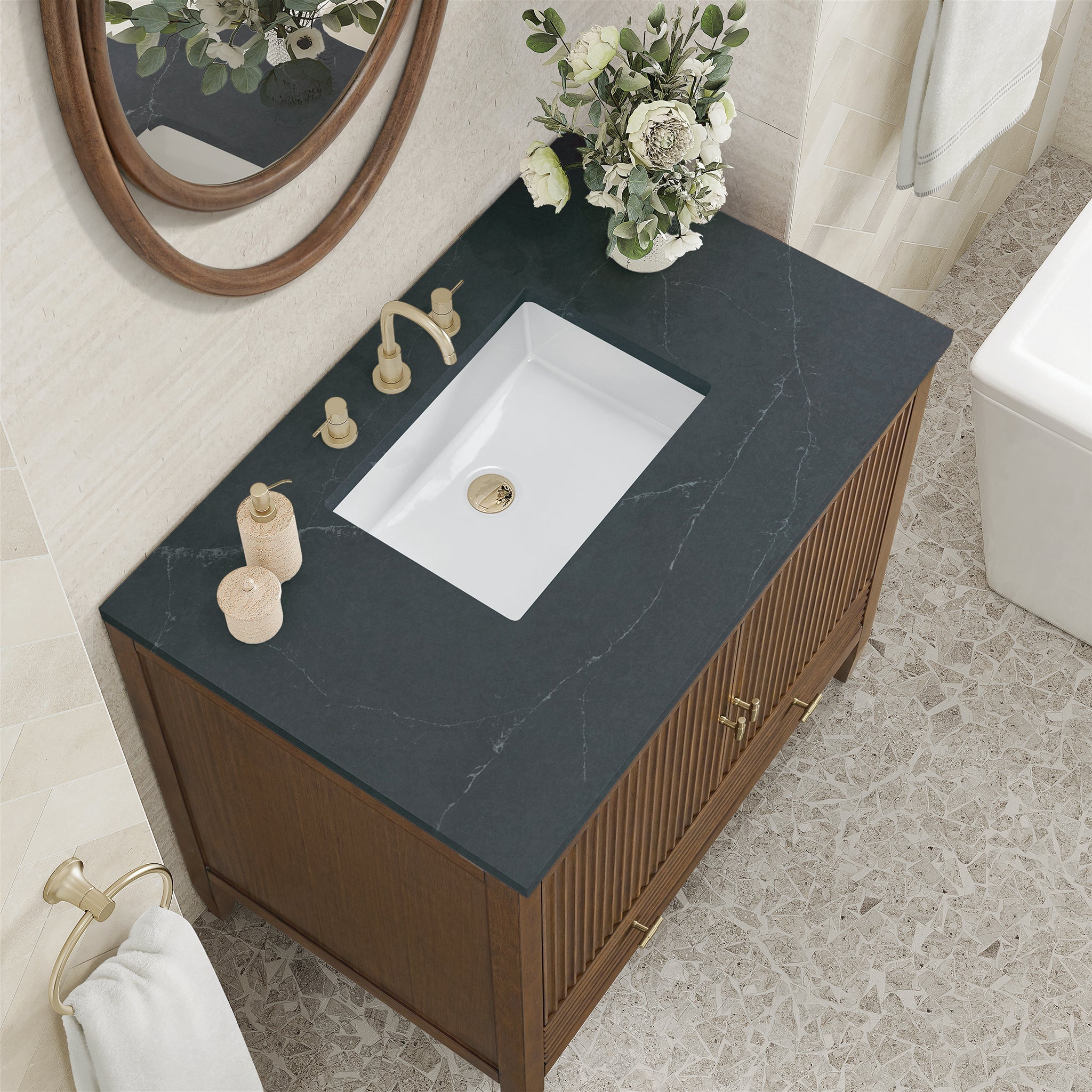 James Martin Myrrin 36" Single Bathroom Vanity, Mid-Century Walnut with Charcoal Soapstone countertop