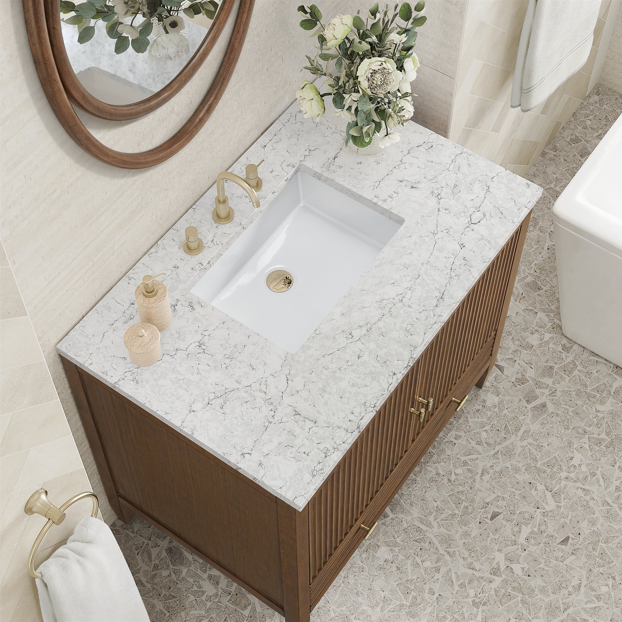 James Martin Myrrin 36" Single Bathroom Vanity, Mid-Century Walnut with Eternal Jasmine Pearl countertop