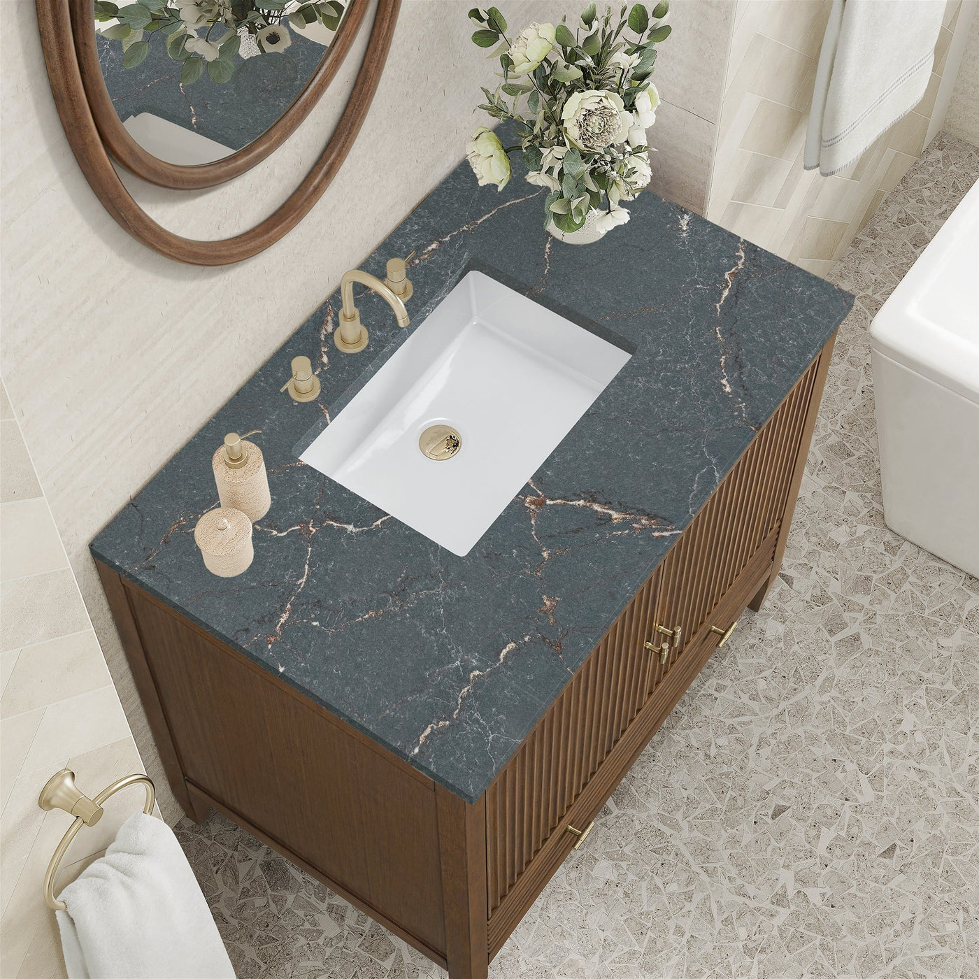 James Martin Myrrin 36" Single Bathroom Vanity, Mid-Century Walnut with Parisien Bleu countertop