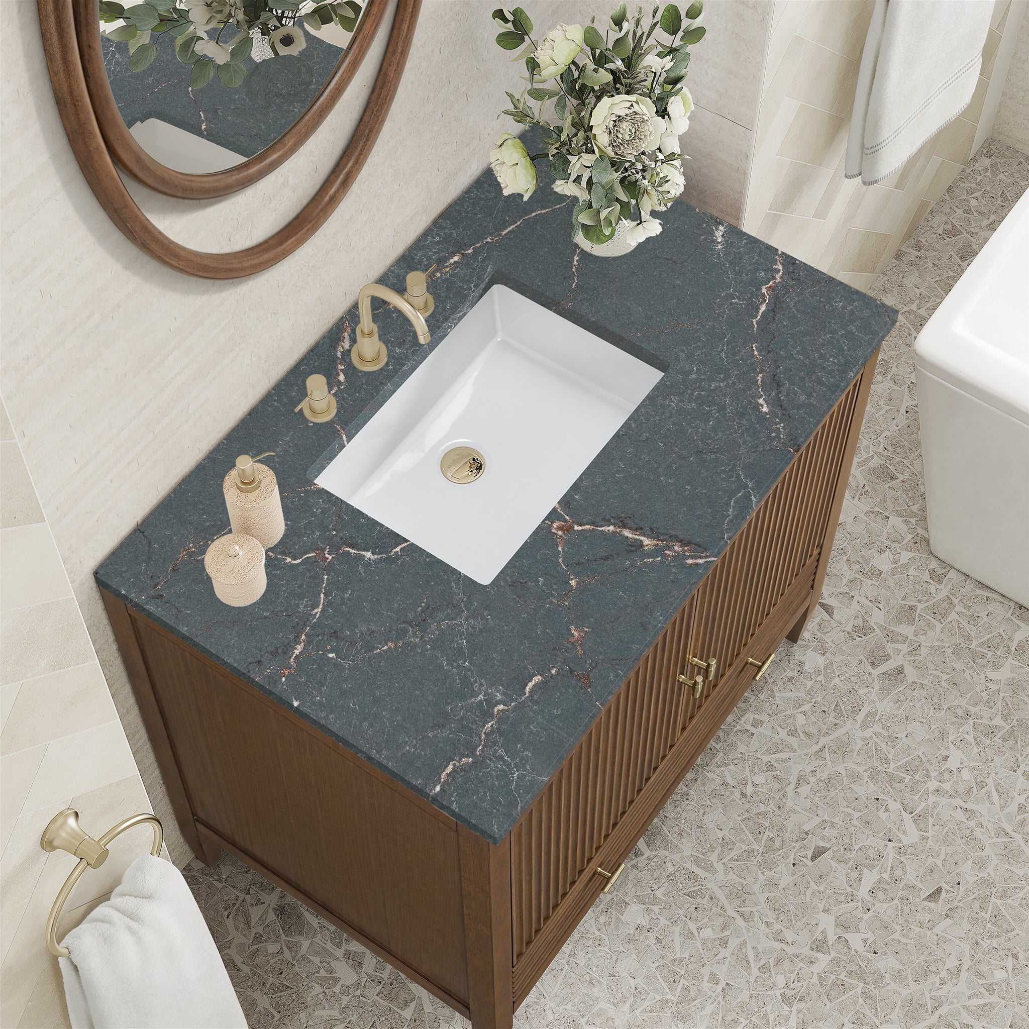 James Martin Myrrin 36" Single Bathroom Vanity, Mid-Century Walnut with Parisien Bleu countertop