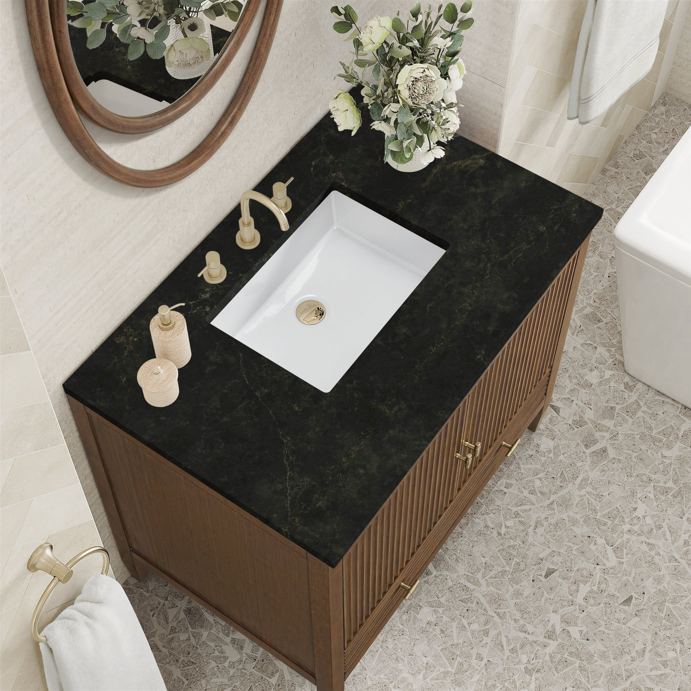 James Martin Myrrin 36" Single Bathroom Vanity, Mid-Century Walnut with Phantome countertop