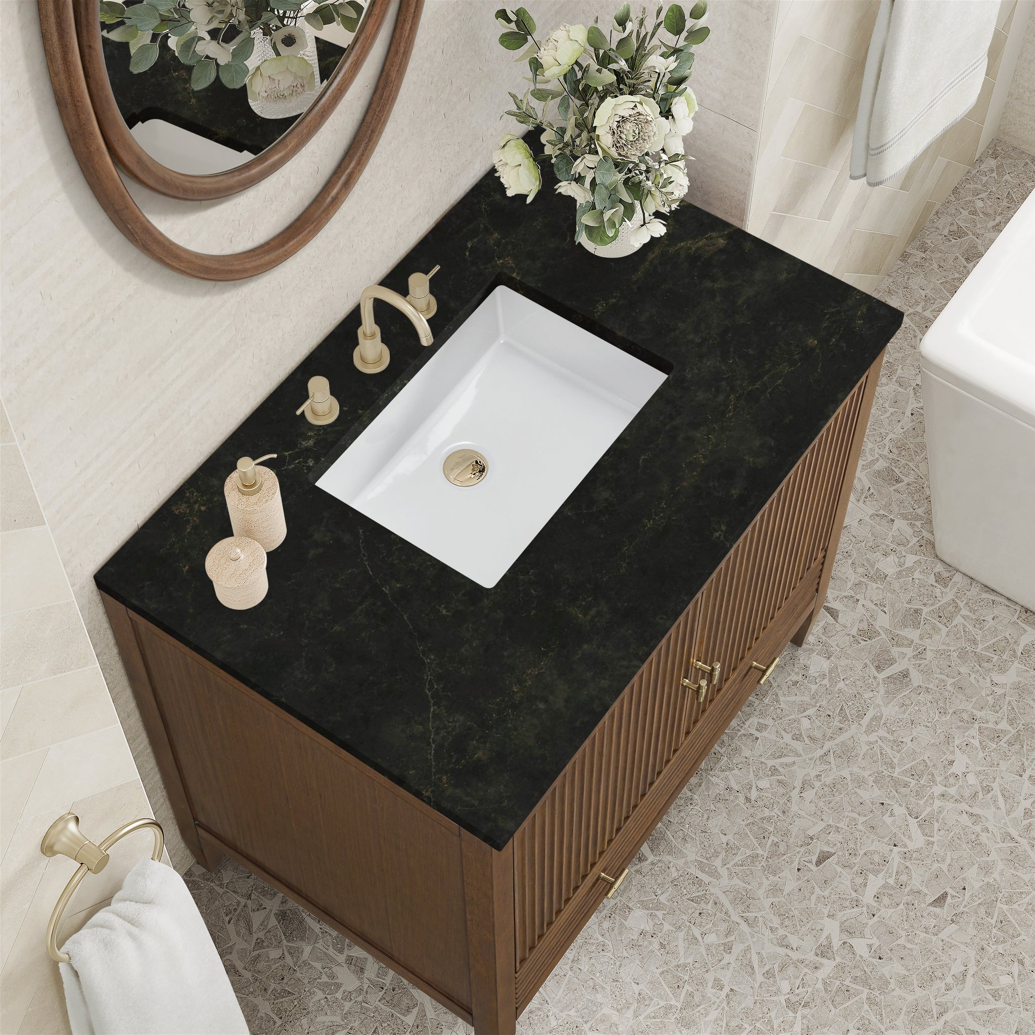 James Martin Myrrin 36" Single Bathroom Vanity, Mid-Century Walnut with Phantome countertop
