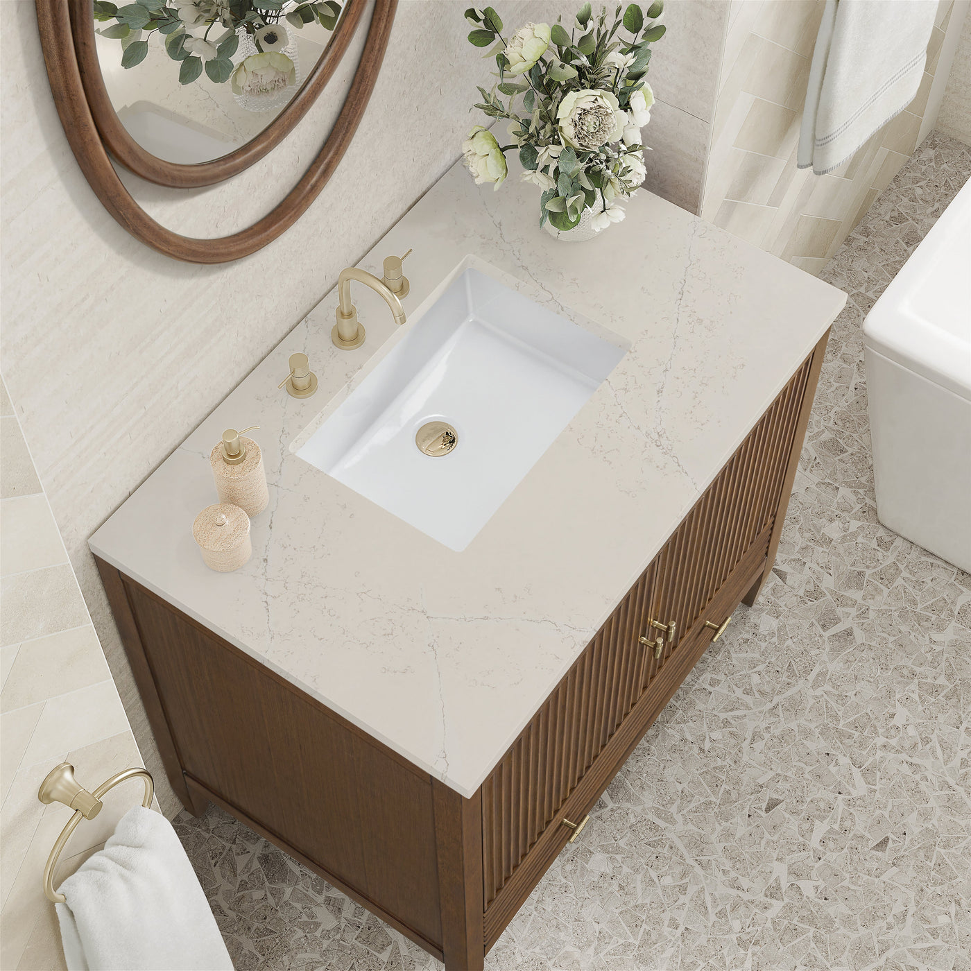 James Martin Myrrin 36" Single Bathroom Vanity, Mid-Century Walnut with Siberian countertop