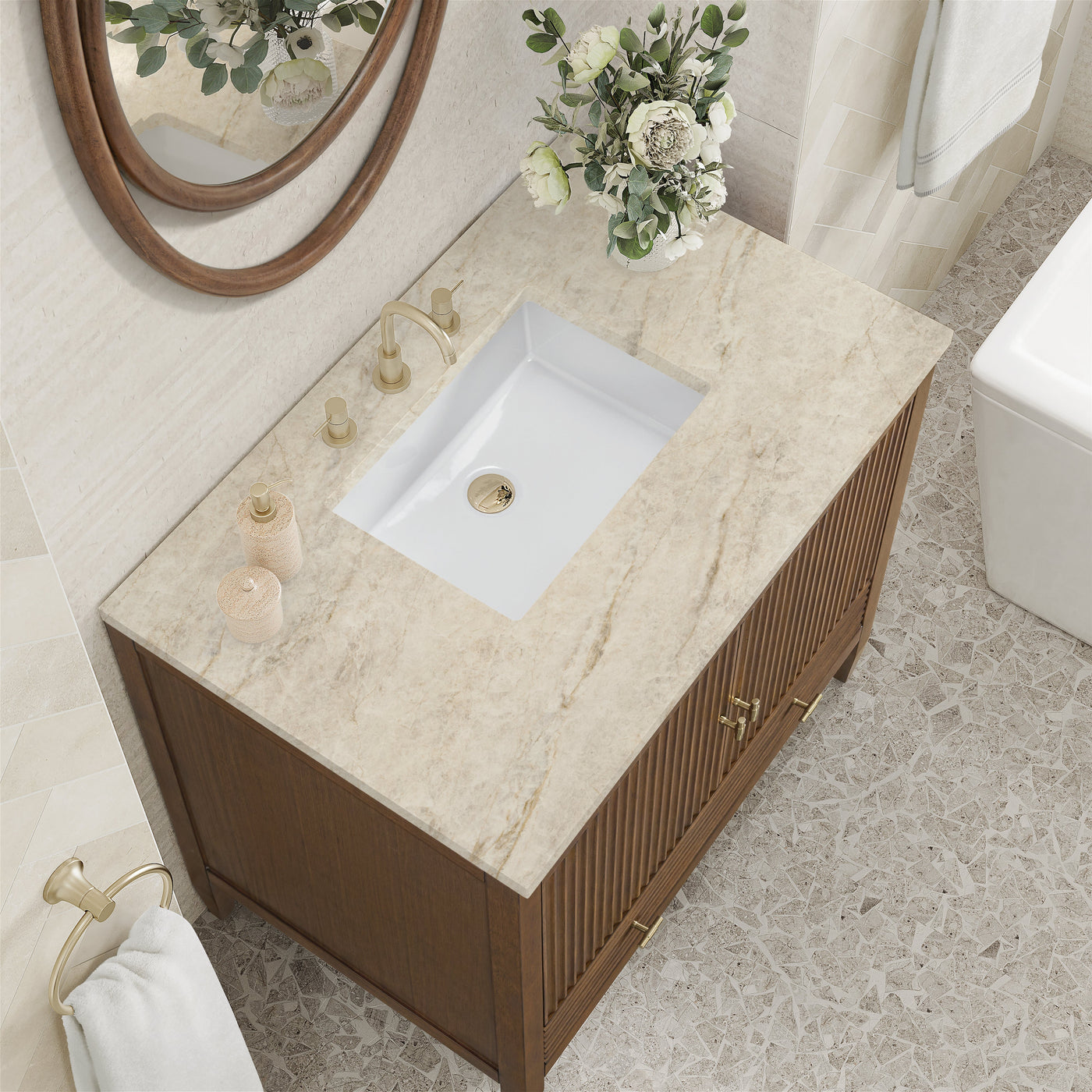 James Martin Myrrin 36" Single Bathroom Vanity, Mid-Century Walnut with Tajnar countertop