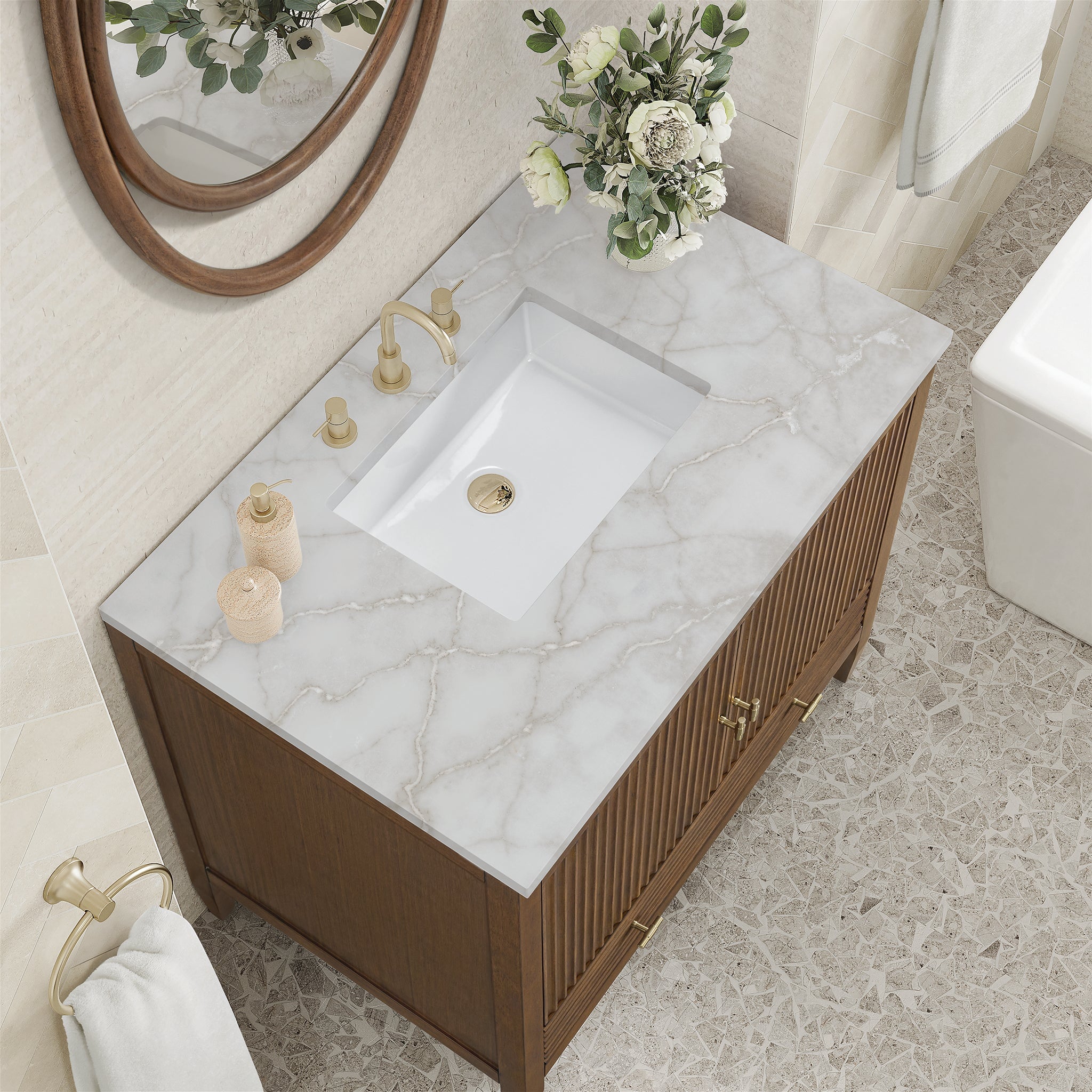 James Martin Myrrin 36" Single Bathroom Vanity, Mid-Century Walnut with Victorian Silver countertop