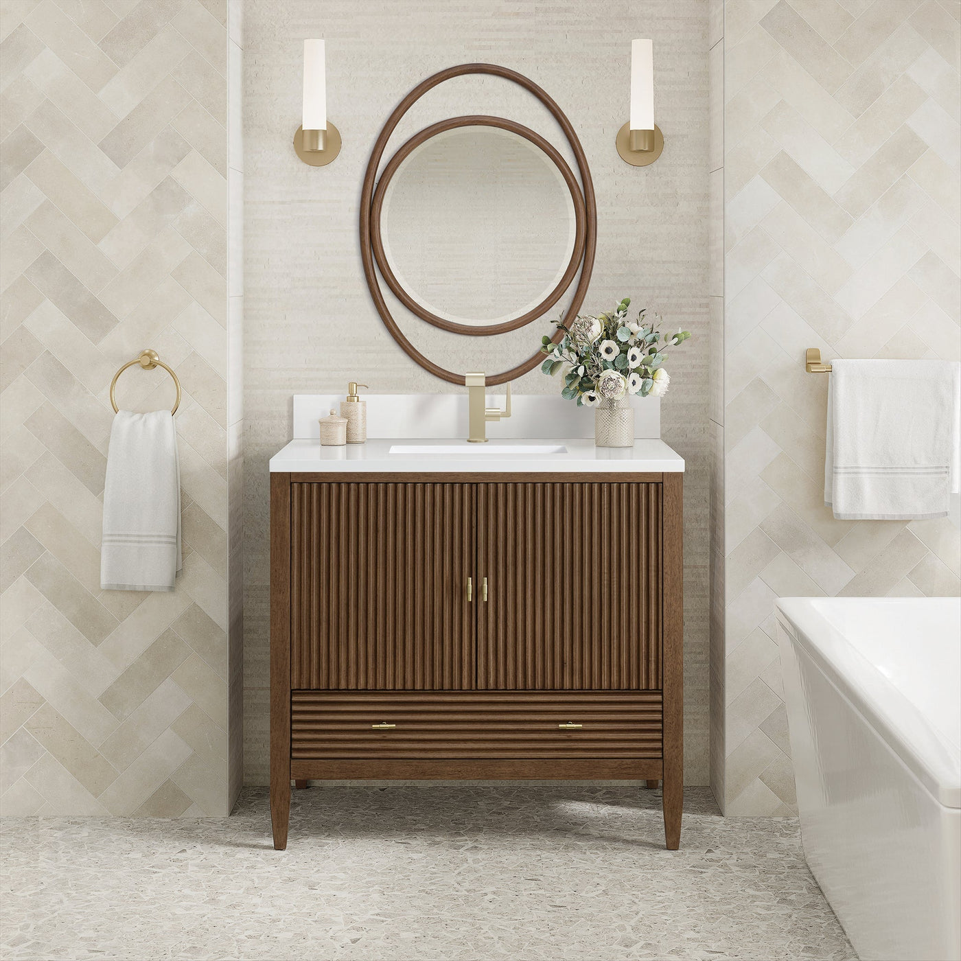 James Martin Myrrin 36" Single Bathroom Vanity, Mid-Century Walnut with White Zeus (Single Hole, with Backsplash) countertop