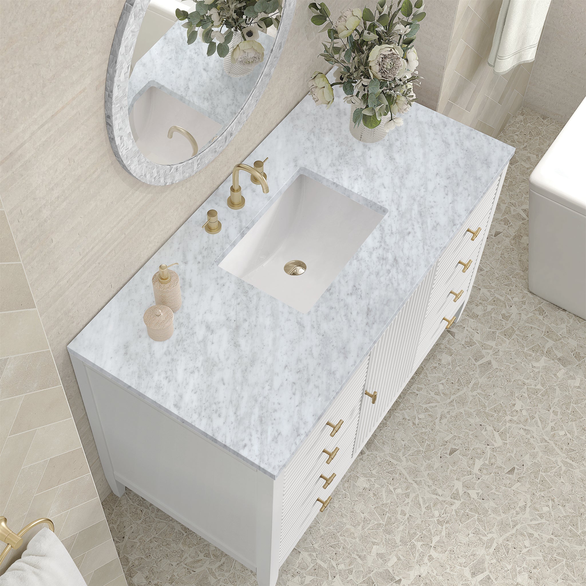 James Martin Myrrin 48" Single Bathroom Vanity, Bright White with Carrara White countertop