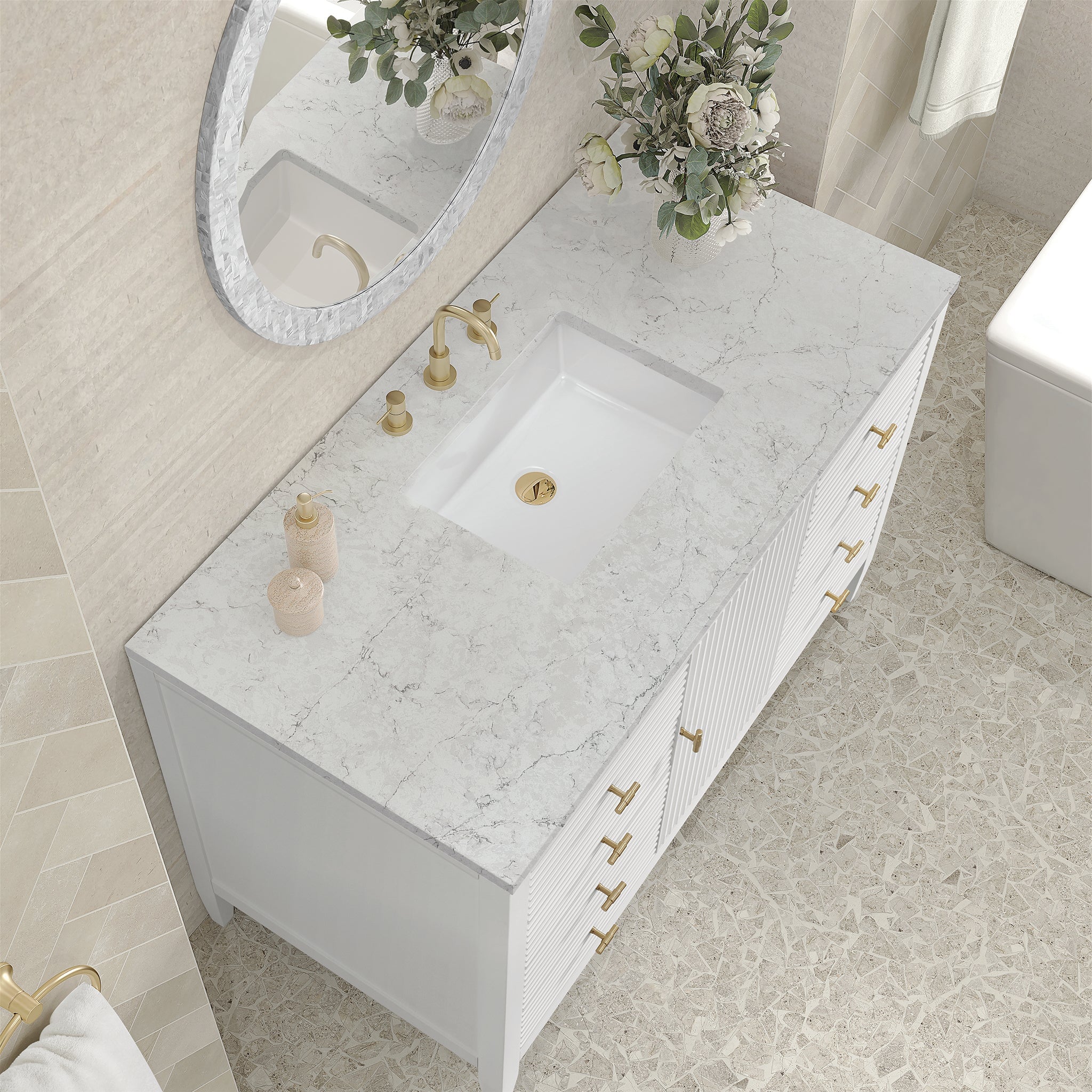 James Martin Myrrin 48" Single Bathroom Vanity, Bright White with Eternal Jasmine Pearl countertop